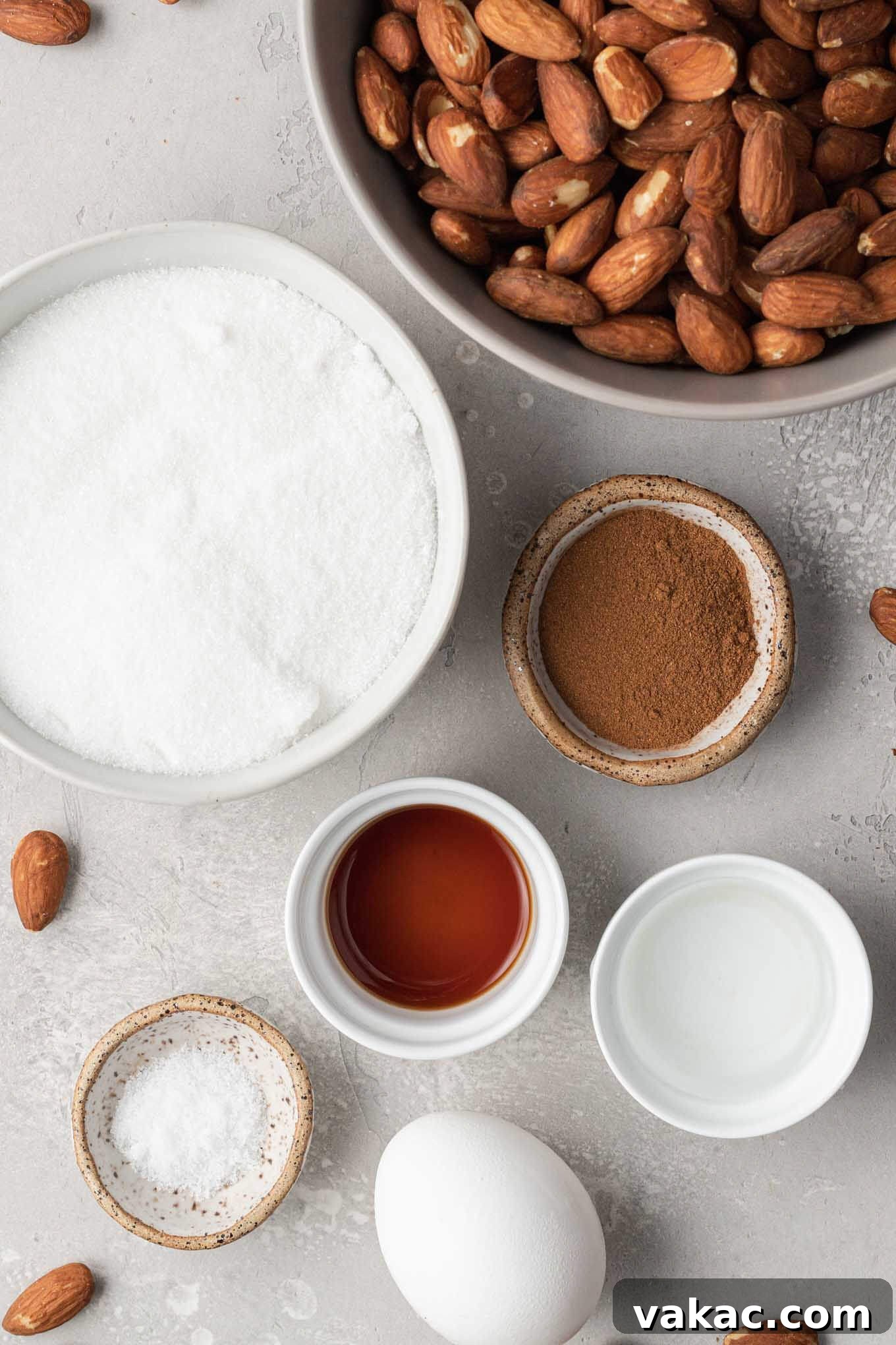 Sugar-Kissed Almonds 3 An overhead view of the ingredients needed to candy almonds.
