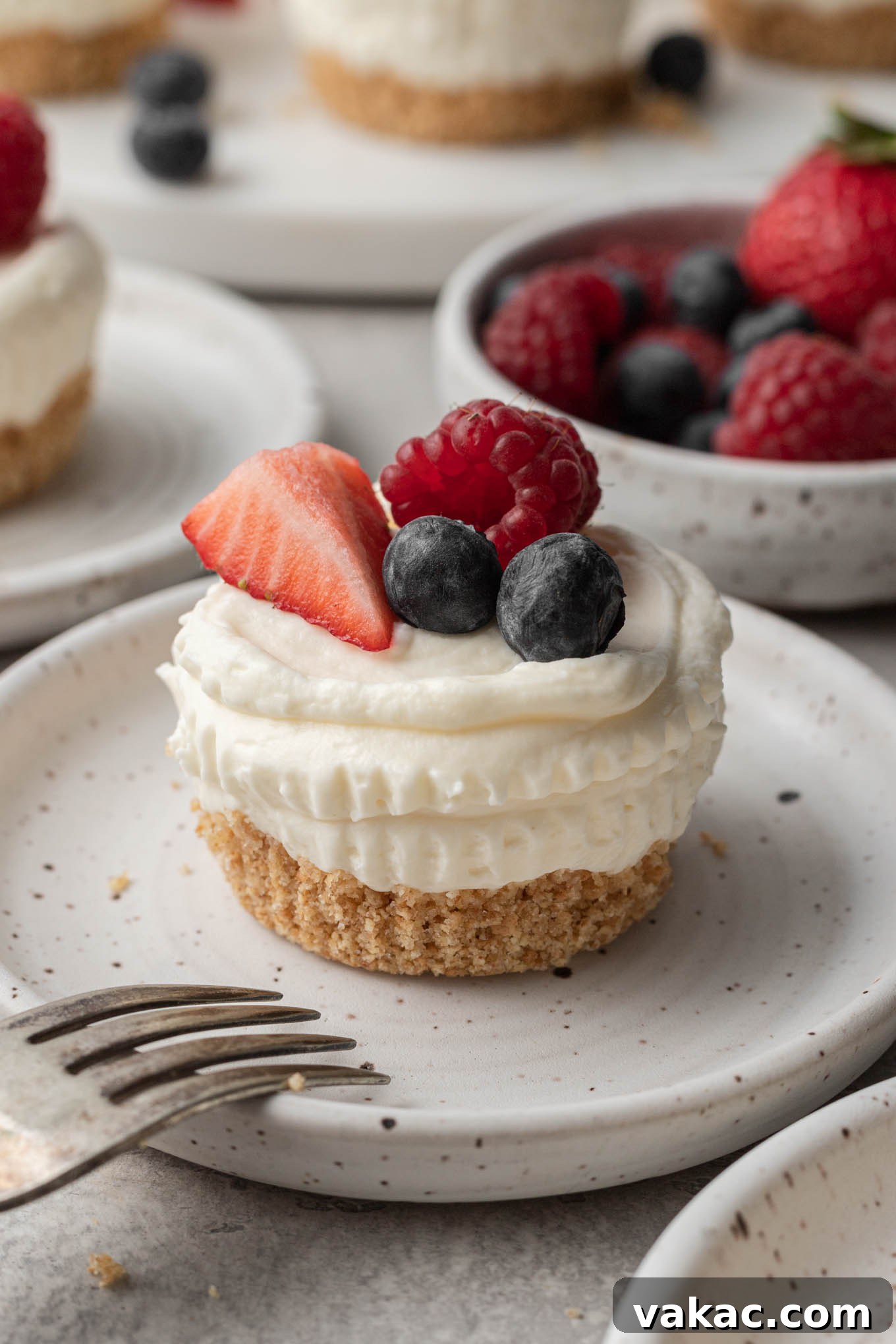 Effortless Mini Cheesecake Delights 2 A beautifully presented no-bake mini cheesecake topped with fresh mixed berries, resting on a speckled white dessert plate.