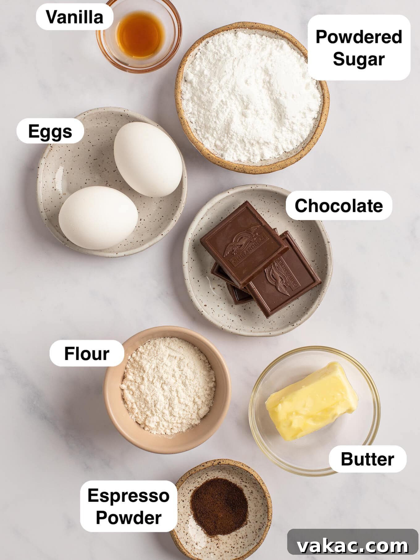 Decadent Molten Chocolate Lava Cake Perfection 3 An overhead view of the various ingredients for chocolate lava cakes.