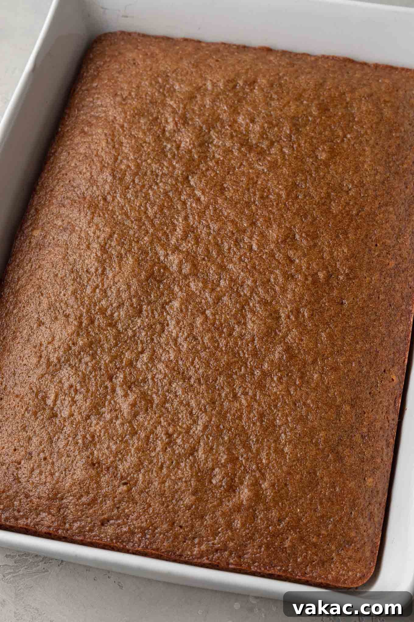 A freshly baked golden-brown applesauce cake cooling in a white 9x13 inch baking pan, ready for frosting.