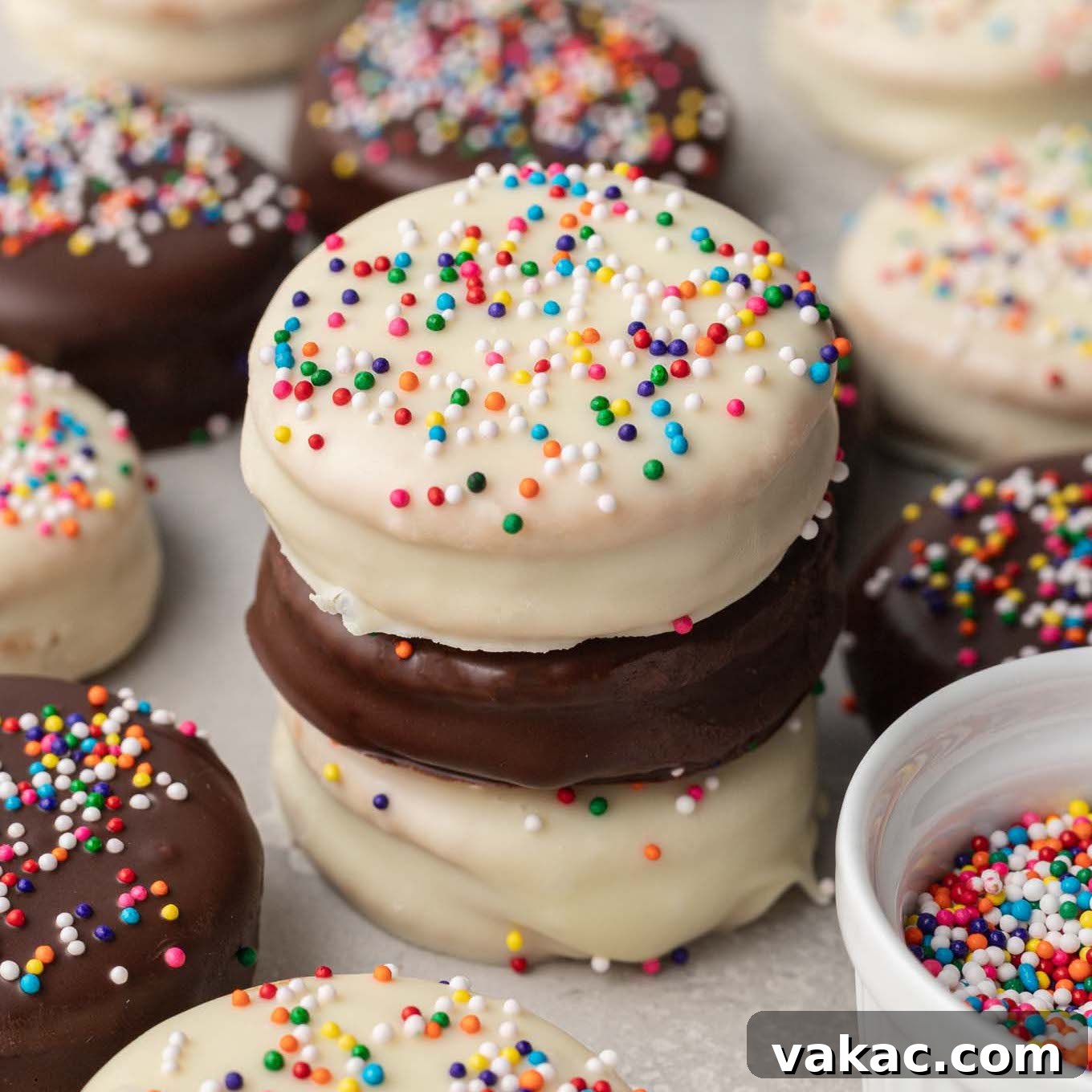 Three ritz cookies coated in white and semisweet chocolate stacked on top of each other.