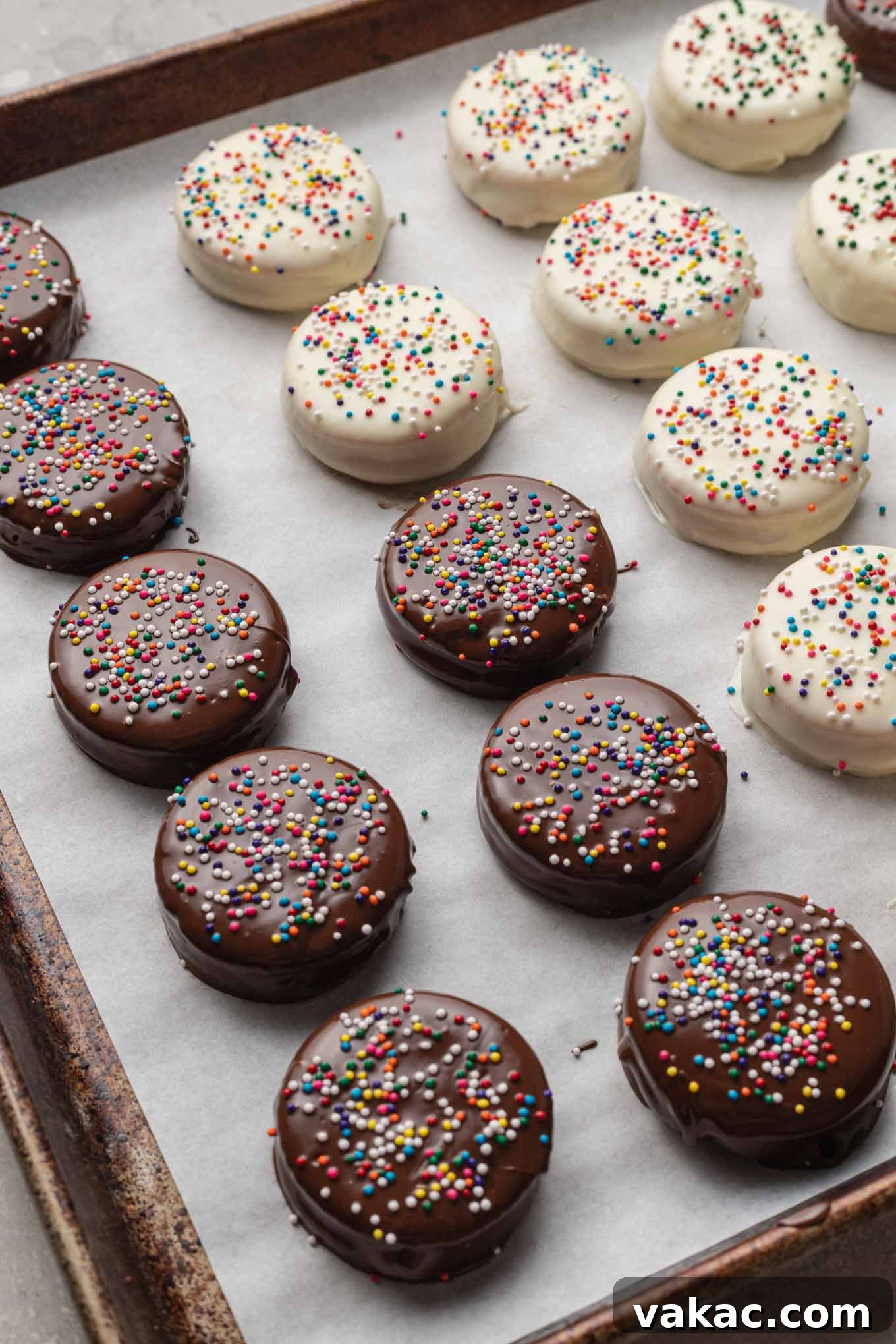 Golden Ritz Delights 9 A process shot displaying rows of freshly chocolate-dipped Ritz cracker cookies, some with sprinkles, cooling on a parchment-lined baking sheet.