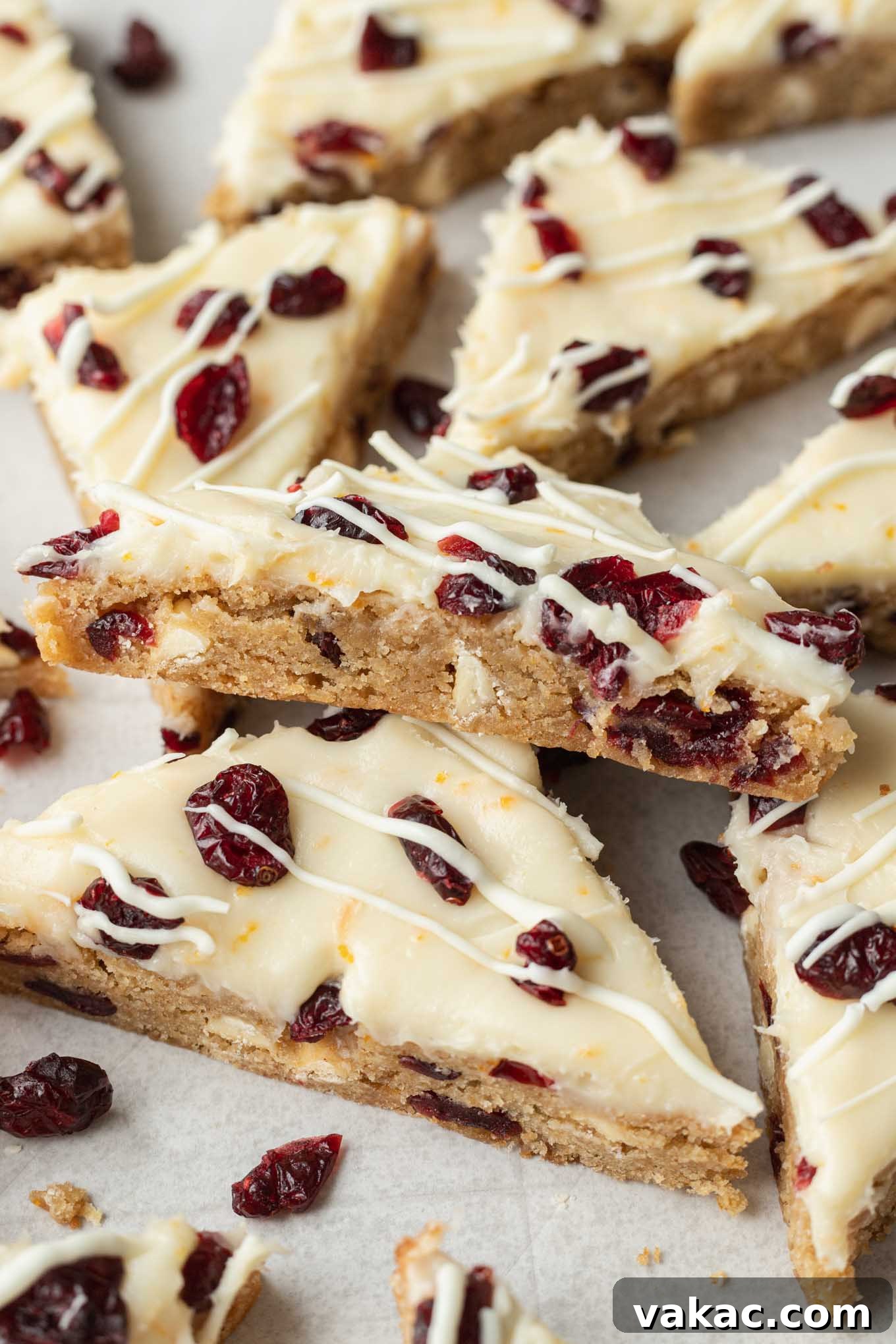 Cranberry Dream Squares 11 A cranberry bliss bar turned on its side and resting on another bar.