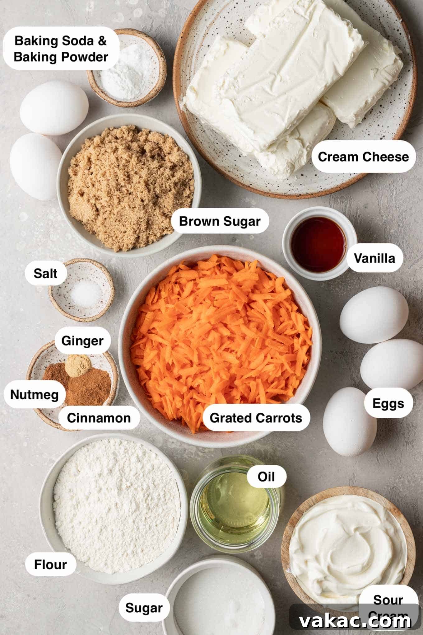 Decadent Spiced Carrot Cheesecake 3 An overhead view of the ingredients needed to make a carrot cake cheesecake.