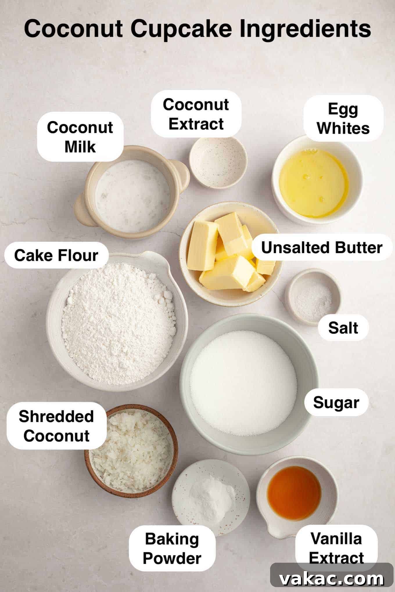 Tropical Coconut Delights 3 An overhead view showcasing all the fresh and dry ingredients meticulously laid out for making the coconut cupcake batter.