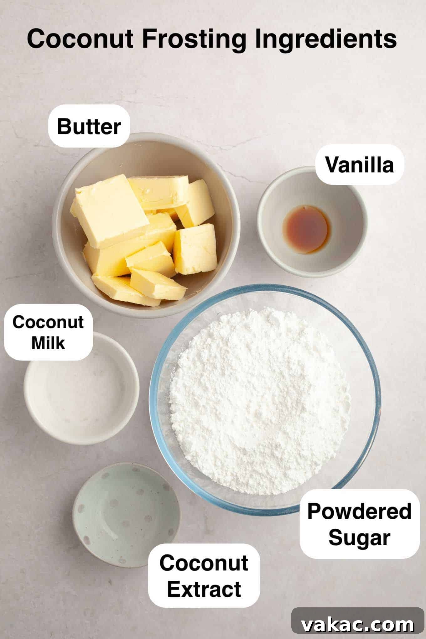 Tropical Coconut Delights 4 A visual guide of the essential ingredients needed to prepare the creamy and delectable coconut buttercream frosting.