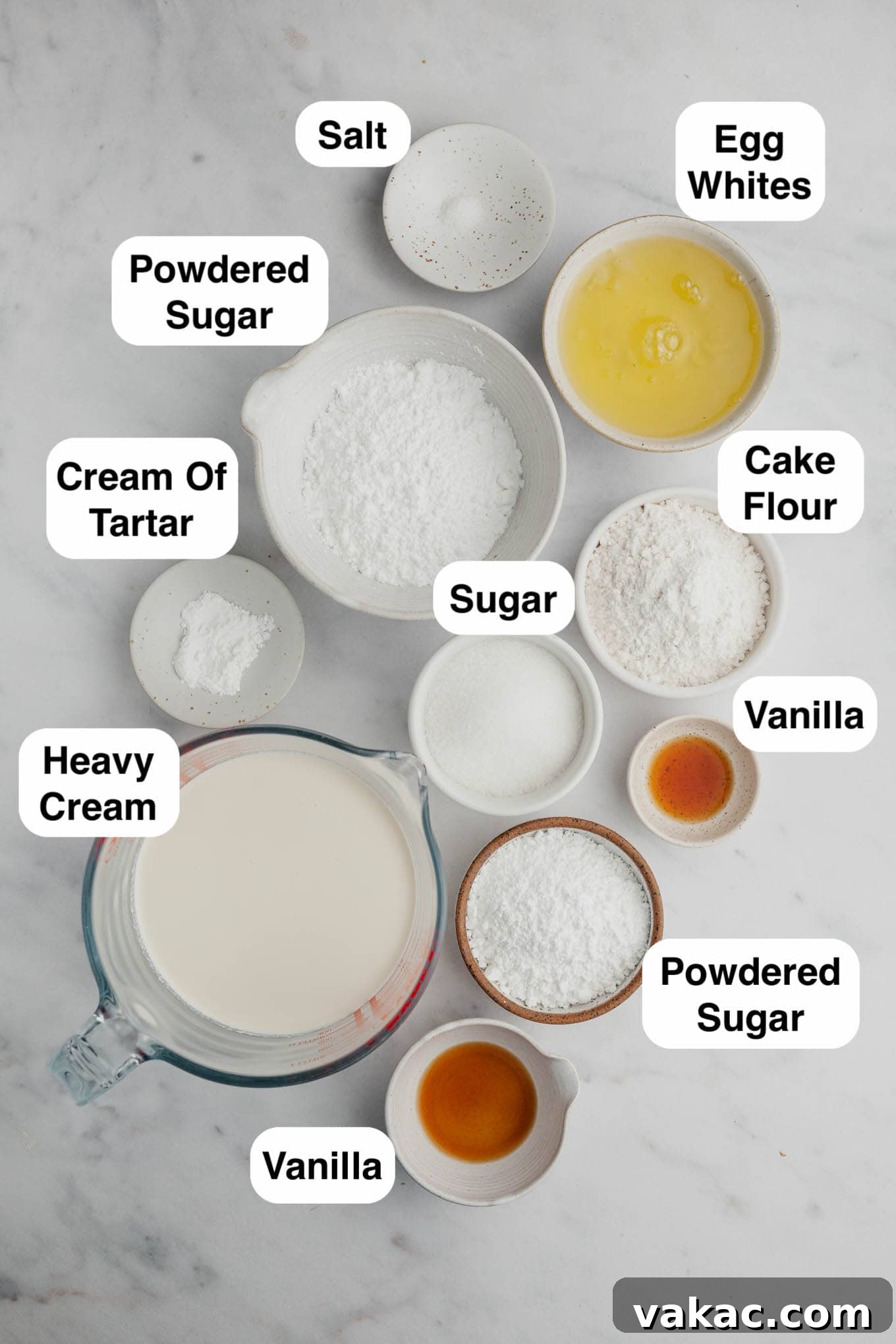 Cloud-Light Cupcakes 3 An overhead view of the ingredients needed to make angel food cake cupcakes.