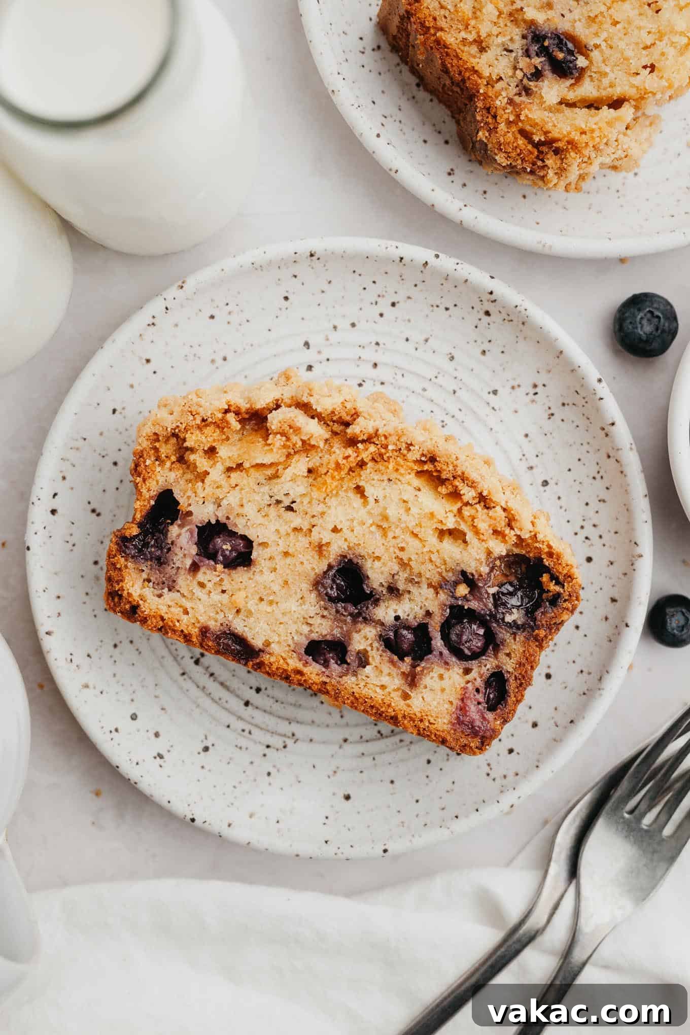 Berry Burst Bread 11 An overhead view of a perfectly baked slice of blueberry streusel bread, artfully placed on a speckled white plate, ready to be savored for breakfast, brunch, or a delightful snack.