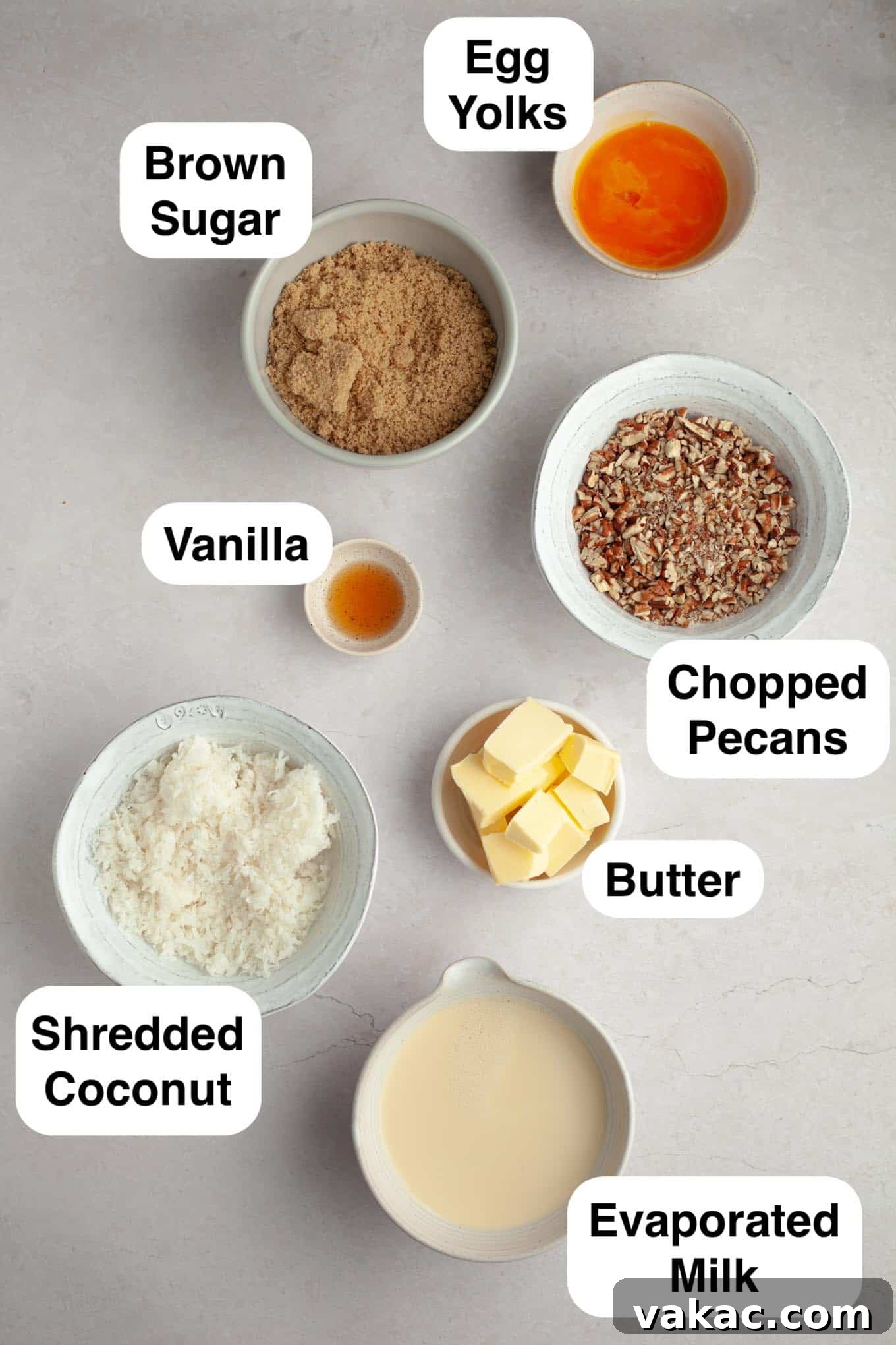 Ultimate German Chocolate Cupcakes 4 An overhead view of the ingredients needed for German chocolate frosting.