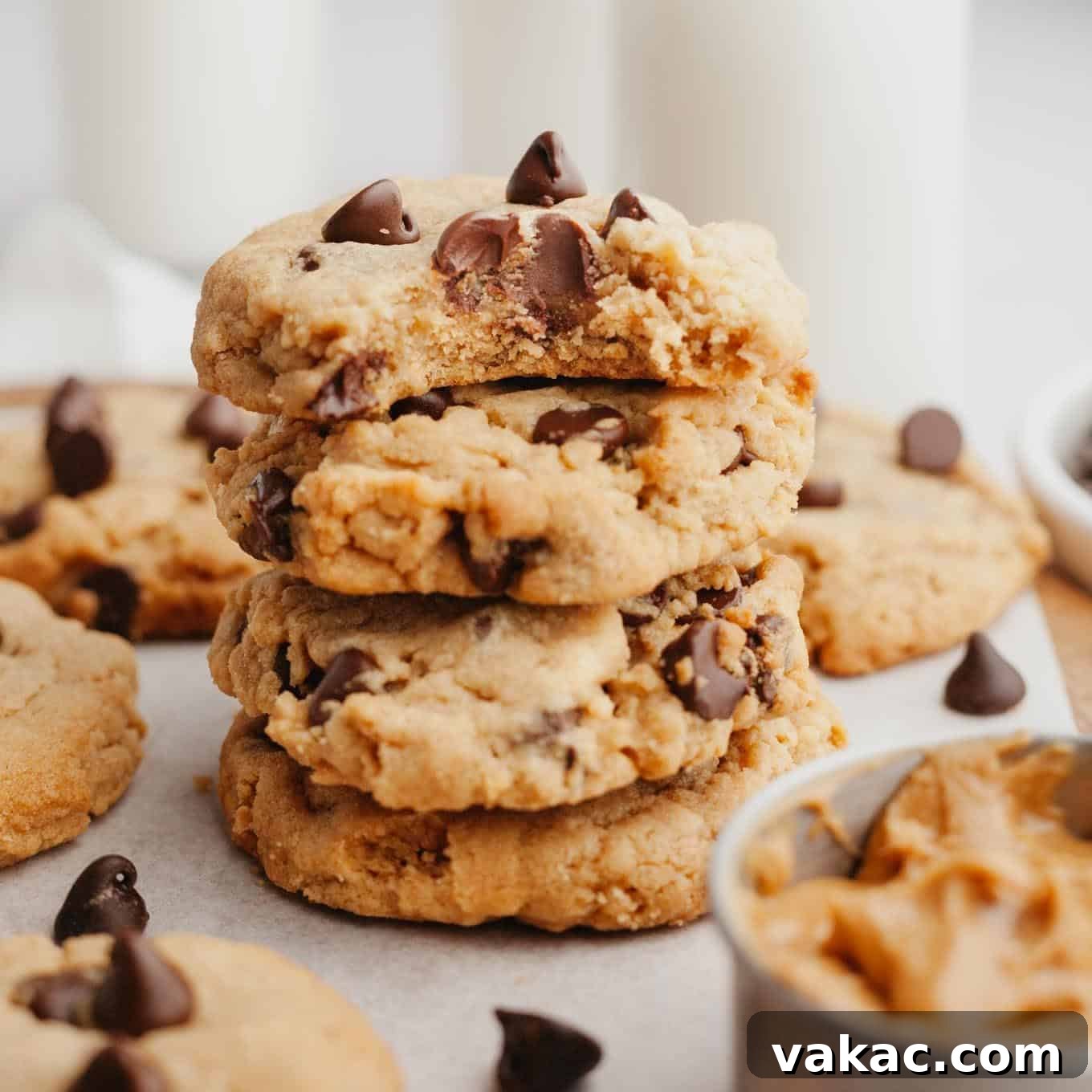 A stack of peanut butter chocolate chip cookies. The top cookie has a bite missing to show the texture.