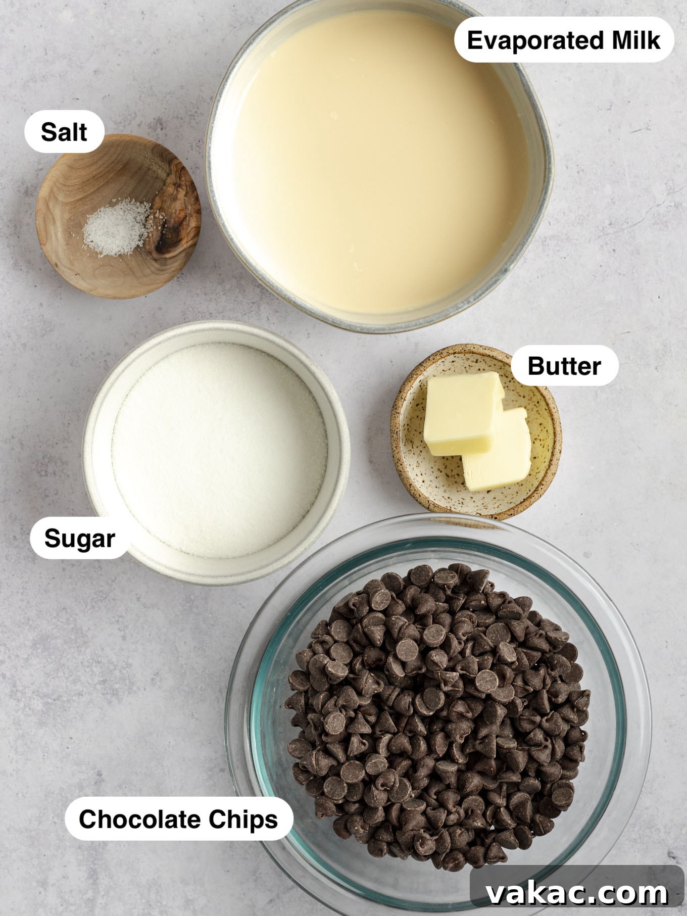 Decadent Homemade Hot Fudge Sauce 3 An overhead view of the ingredients needed to make homemade hot fudge sauce.