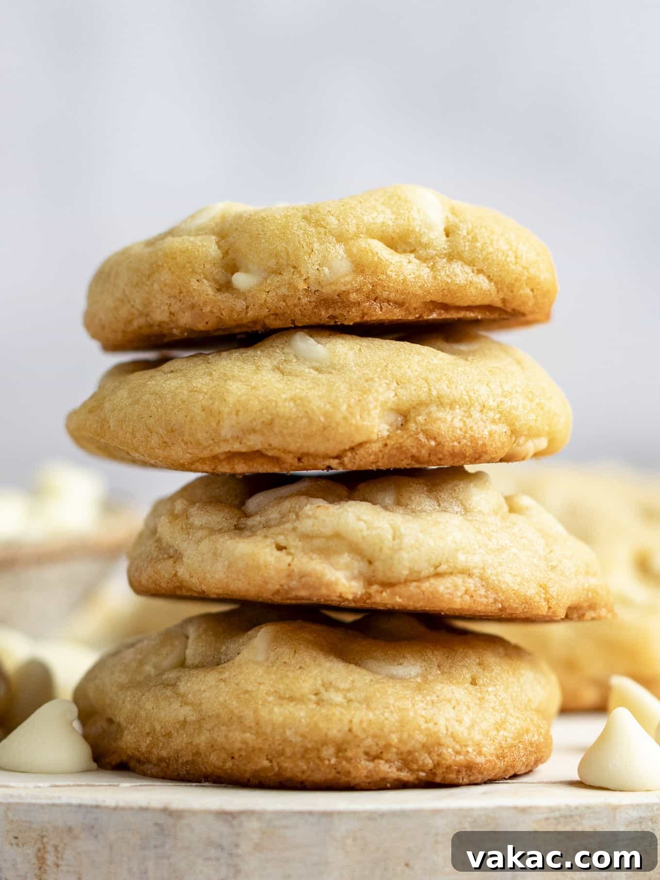 Irresistible White Chocolate Delights 8 A perfectly stacked pile of four golden-brown white chocolate chip cookies, showing off their soft centers, crisp edges, and abundant white chocolate chunks, ready to be enjoyed.