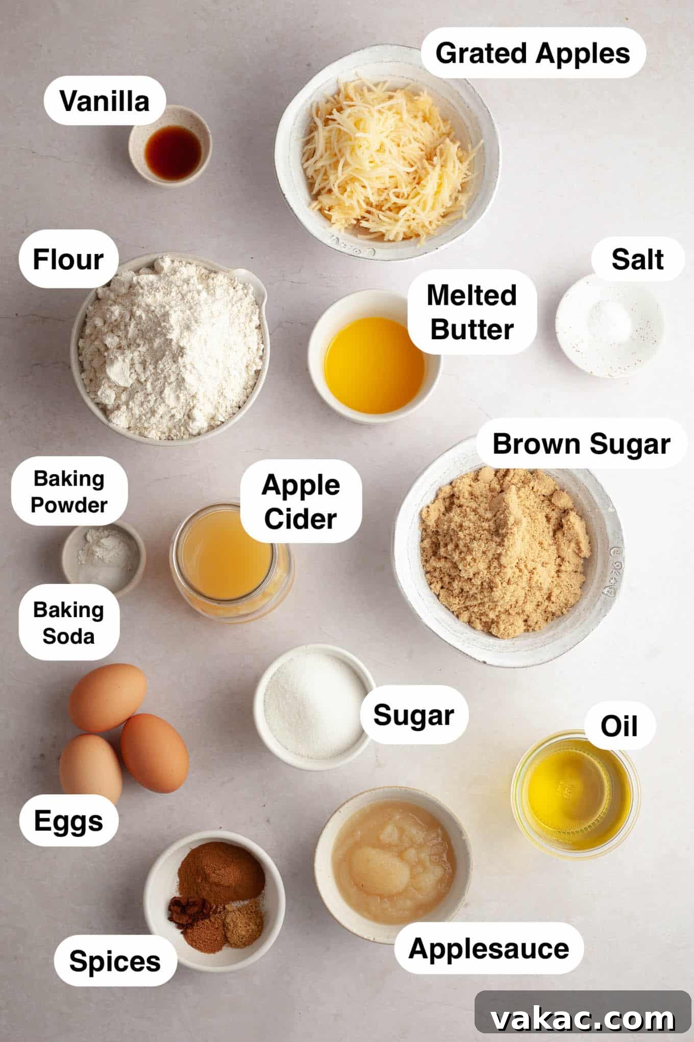 Cinnamon Sugar Cider Cake 3 An overhead view of the ingredients needed to make an apple cider donut cake.