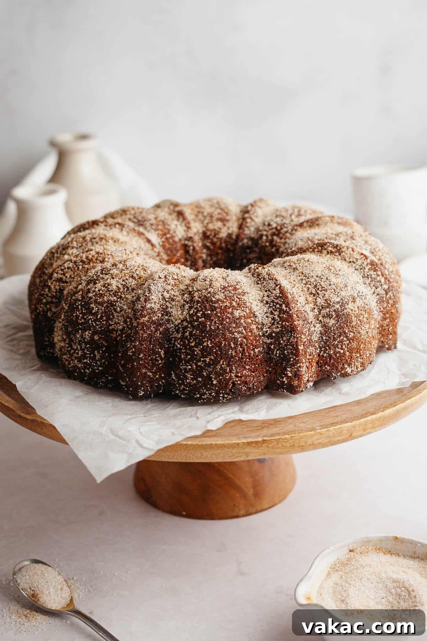 Cinnamon Sugar Cider Cake 10 A cinnamon sugar-coated apple donut cake on a wooden cake stand.
