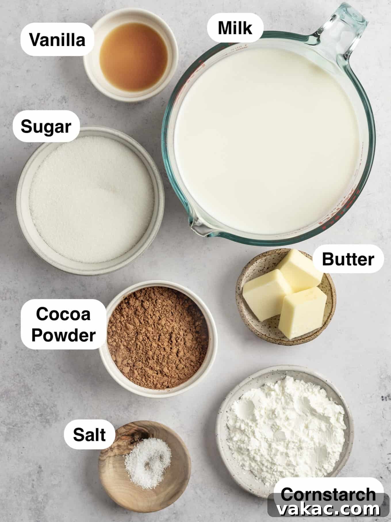 Silky Chocolate Indulgence 3 An overhead view of the ingredients needed to make chocolate pudding from scratch.