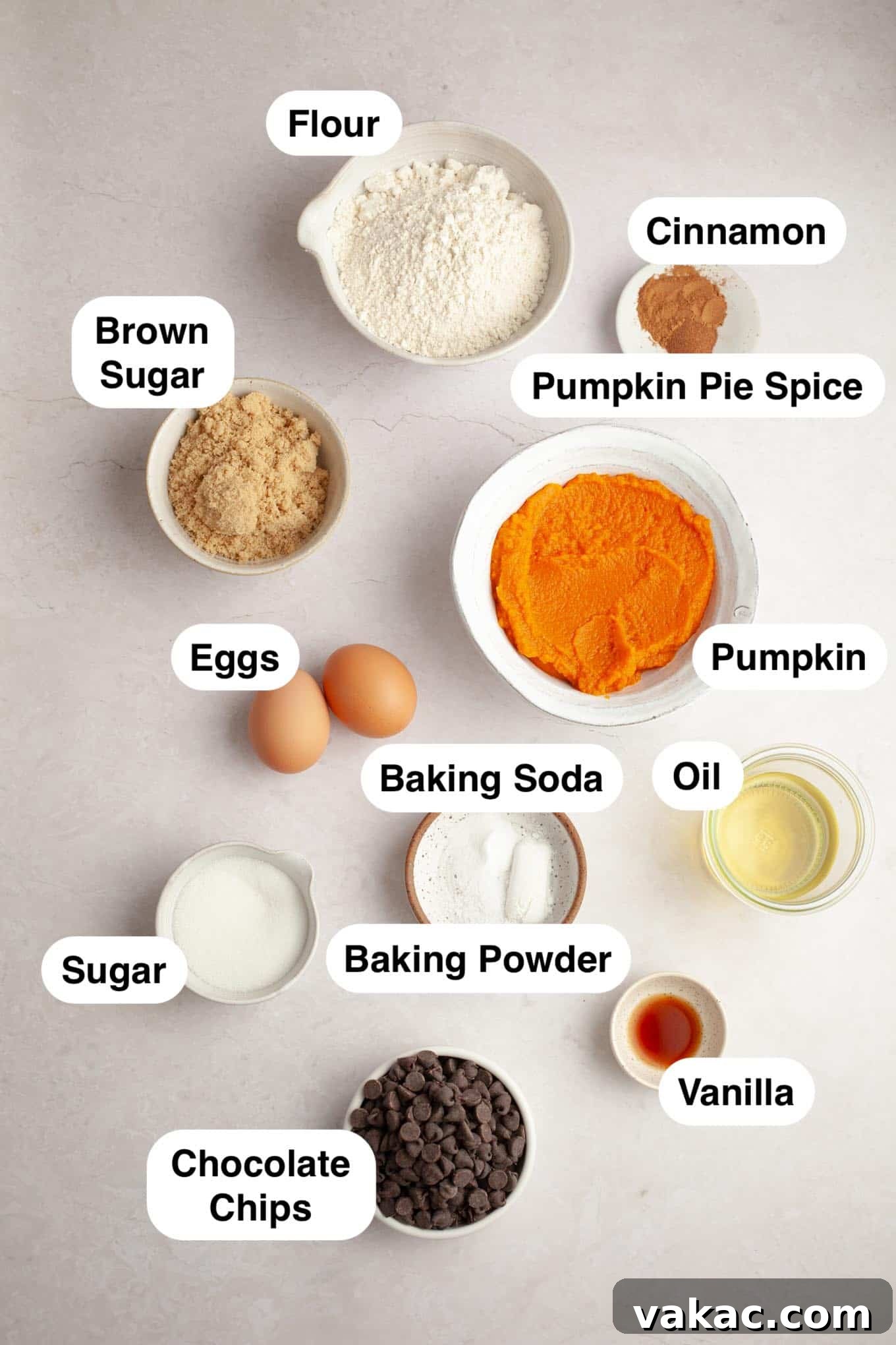 Harvest Pumpkin Chocolate Chip Muffins 3 An overhead view of the ingredients needed for the muffins.