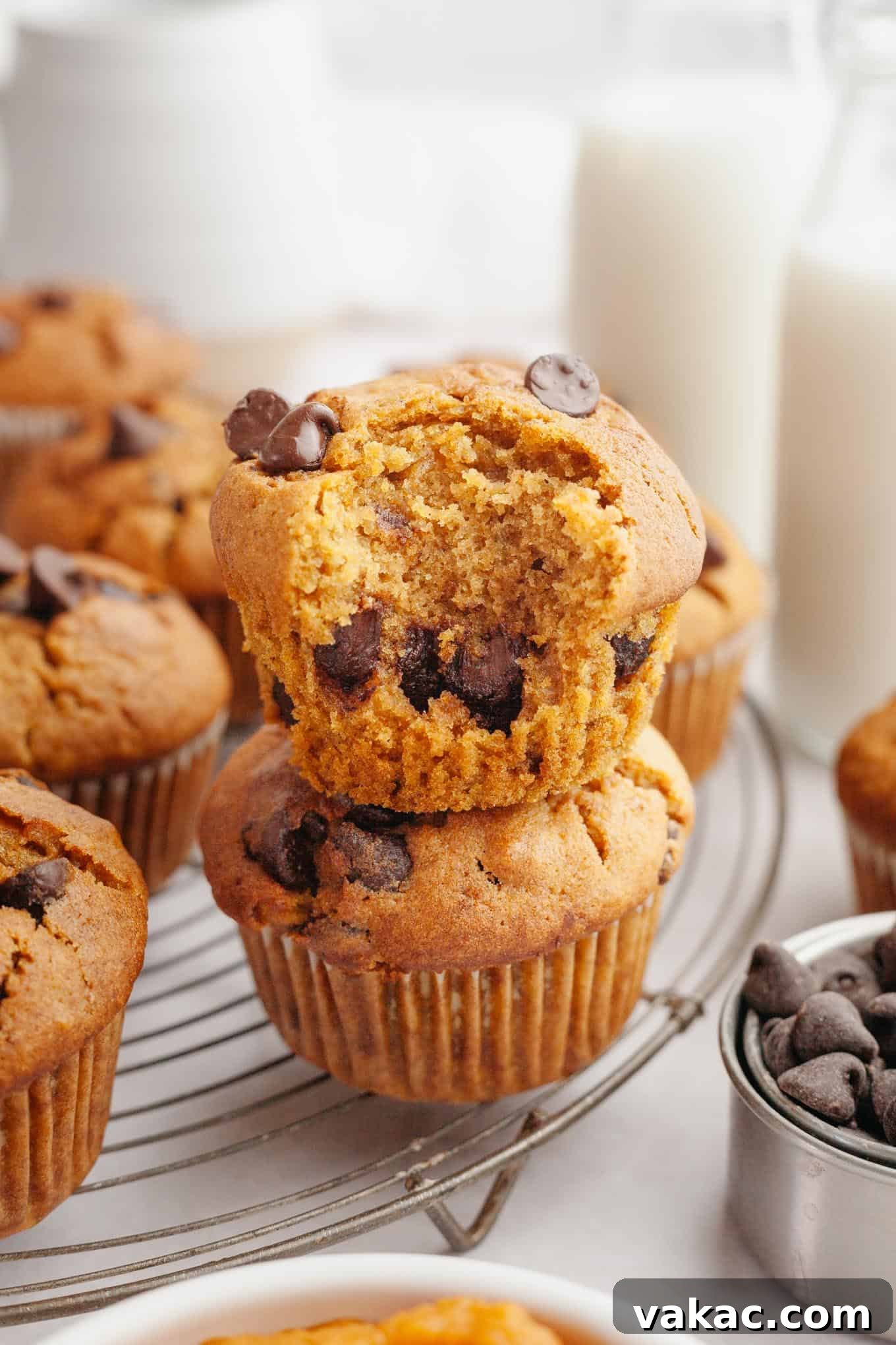 Harvest Pumpkin Chocolate Chip Muffins 9 Chocolate chip pumpkin muffins on a wire rack. Two muffins have been stacked, and the top muffin is missing a bite.