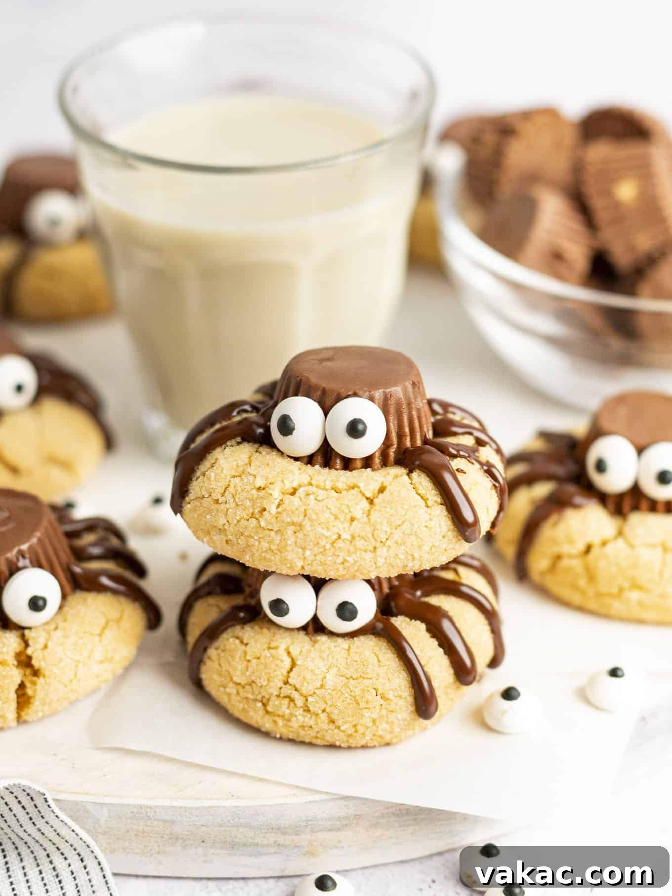 Cute spider cookies stacked around a glass of milk.