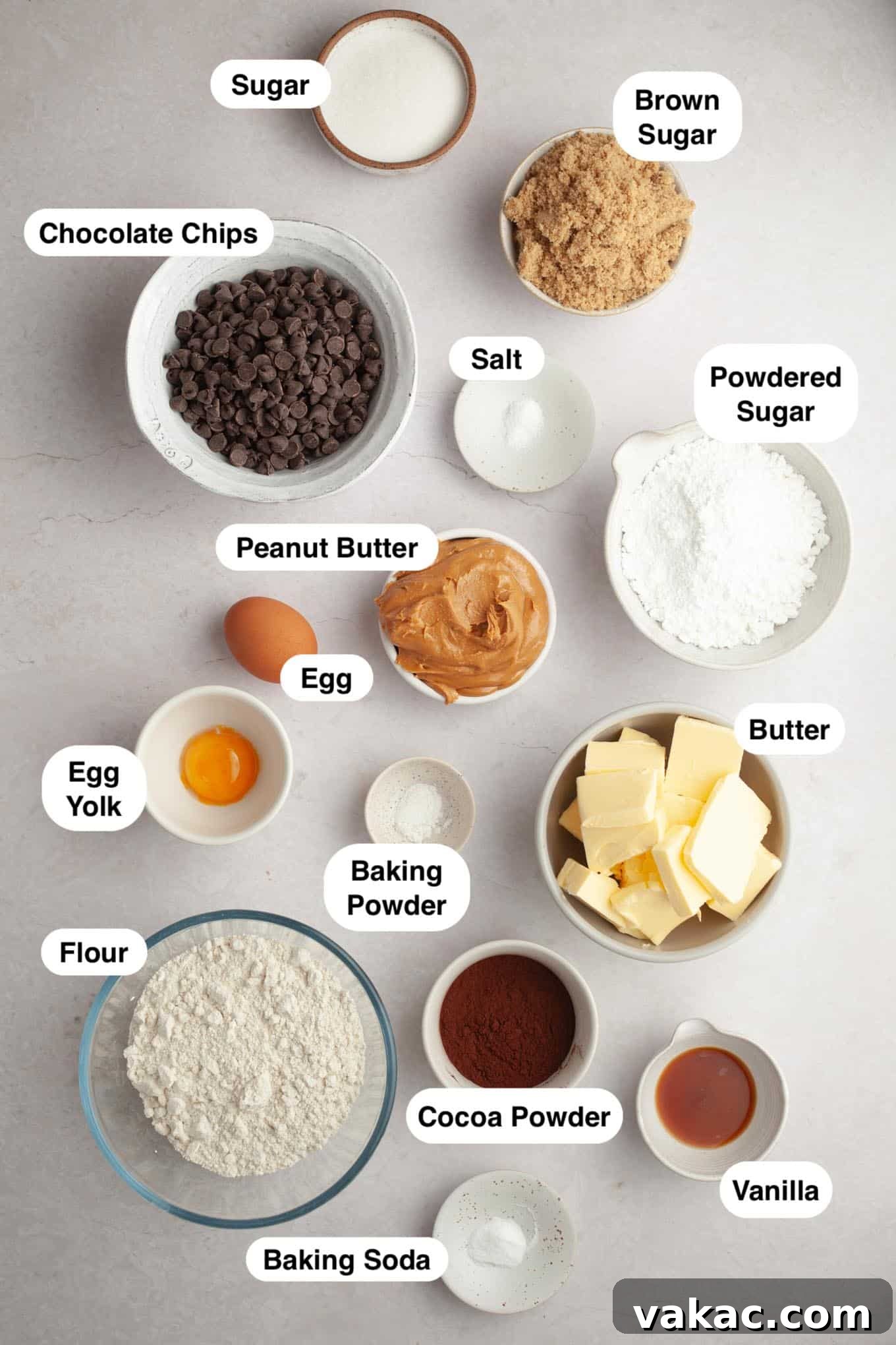 An overhead view of the ingredients needed to make chocolate peanut butter Buckeye cookies.