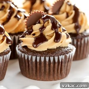 Delicious chocolate cupcakes with creamy peanut butter frosting and ganache.