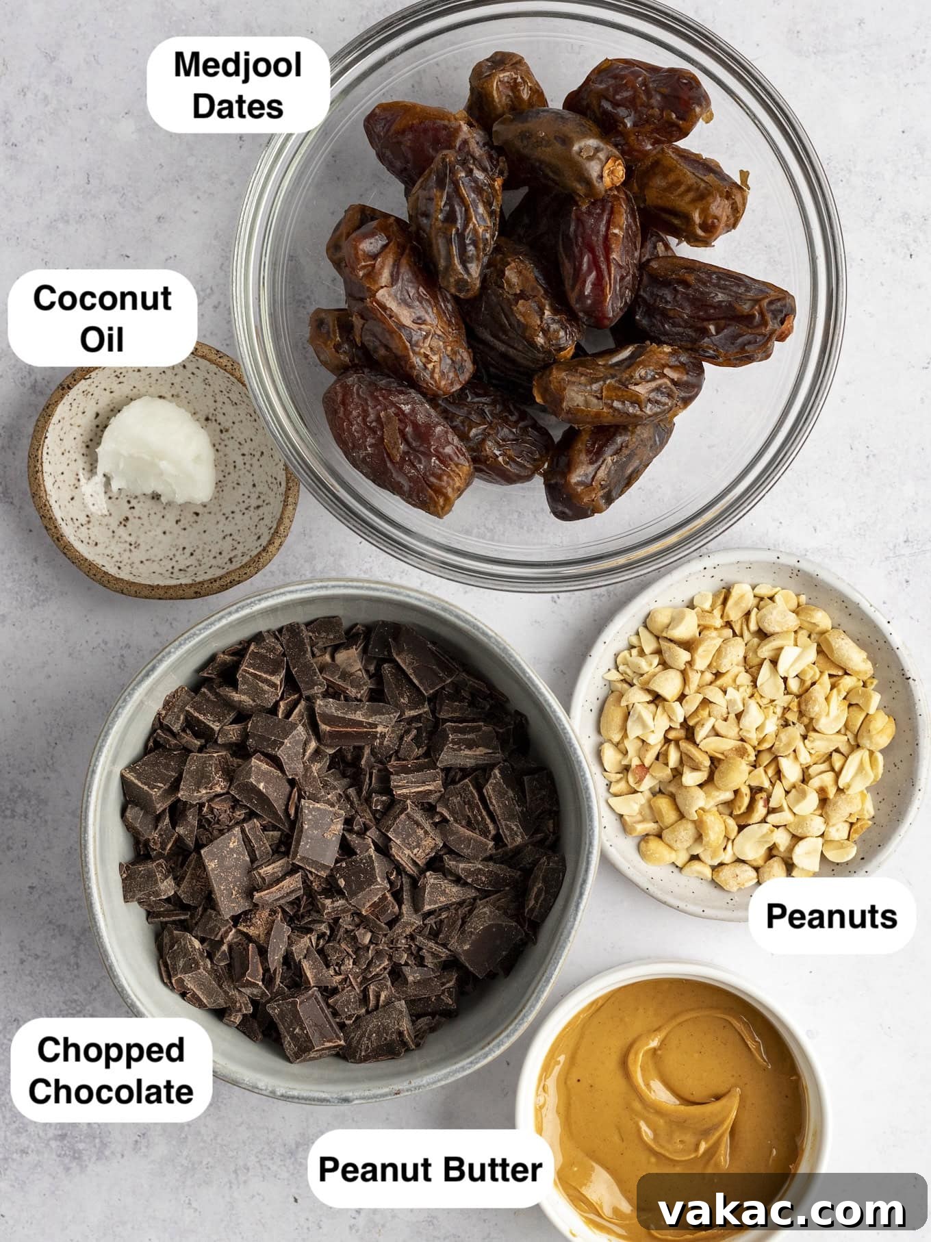 Date Peanut Chocolate Bites 3 An overhead view of the ingredients needed to make date Snickers.