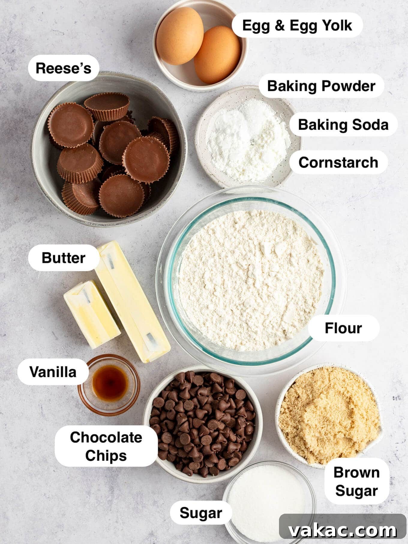 Reese's Peanut Butter Cup Overload Cookies 3 An overhead view of the essential ingredients laid out for making chocolate chip cookies with Reese's stuffed in the middle.