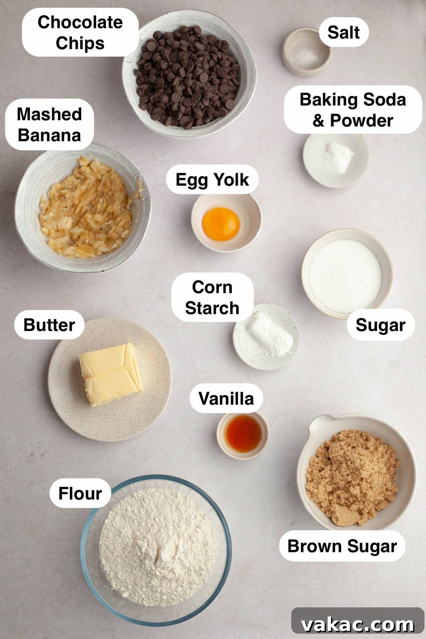 Banana Bliss Chocolate Chip Cookies 3 An overhead view of the ingredients needed to make these cookies, neatly arranged on a counter.