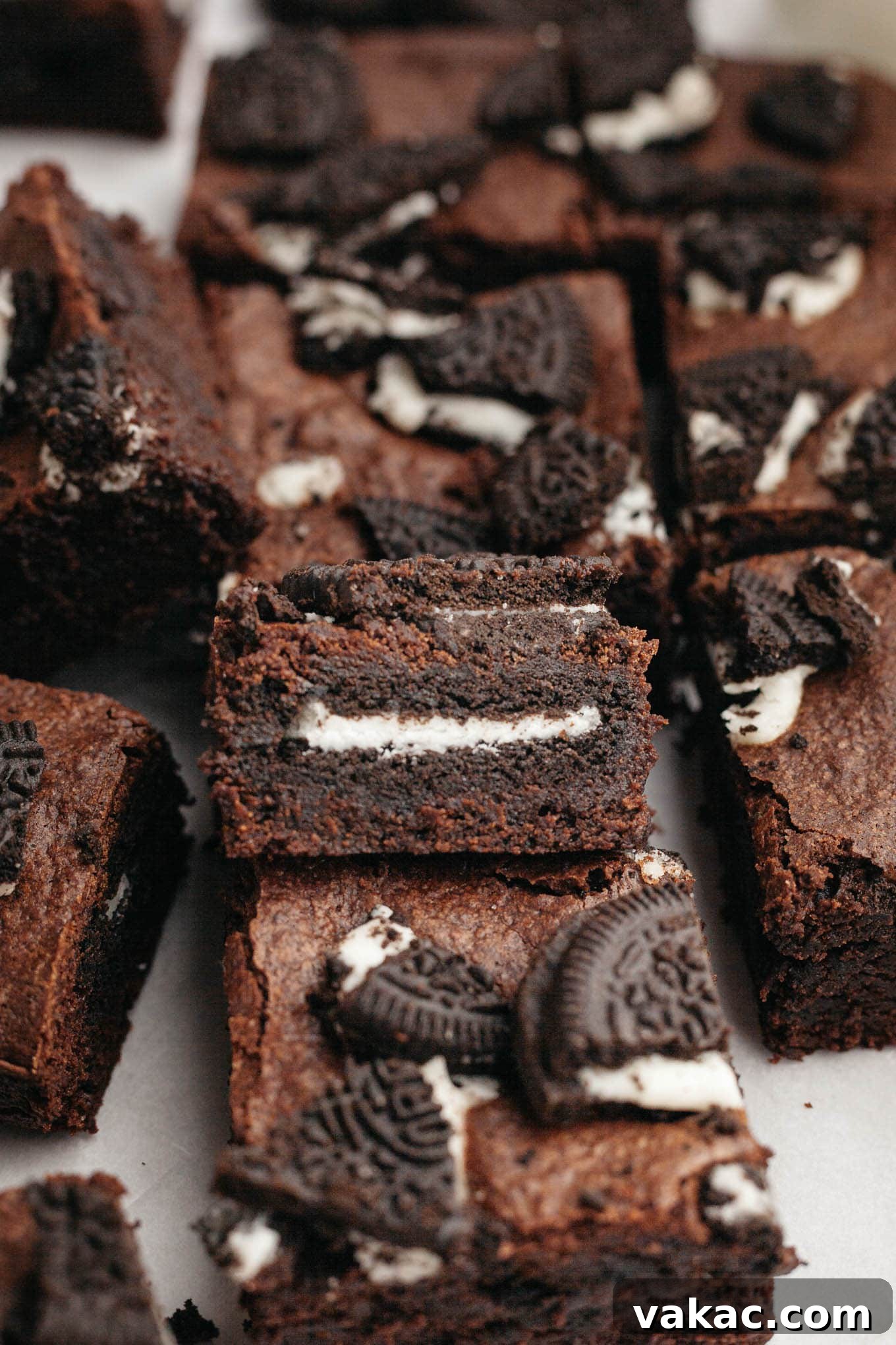 Perfectly sliced Oreo brownies, each piece a neat square with visible Oreo chunks, artfully arranged on a serving plate, inviting a taste.