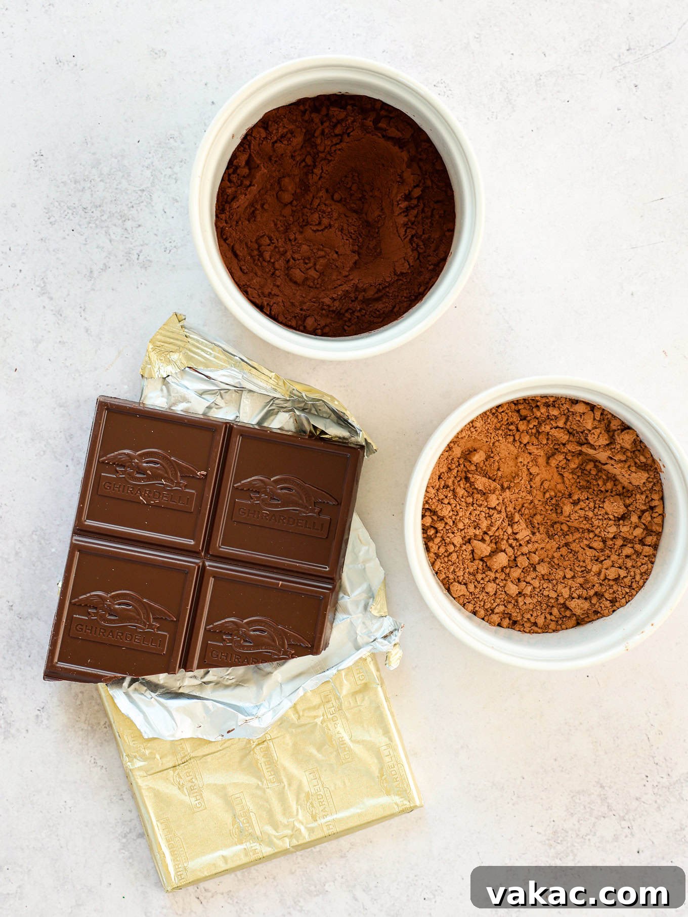 Decadent Chocolate Bliss 4 Overhead view of chopped chocolate and cocoa powder, key ingredients for a rich chocolate flavor.