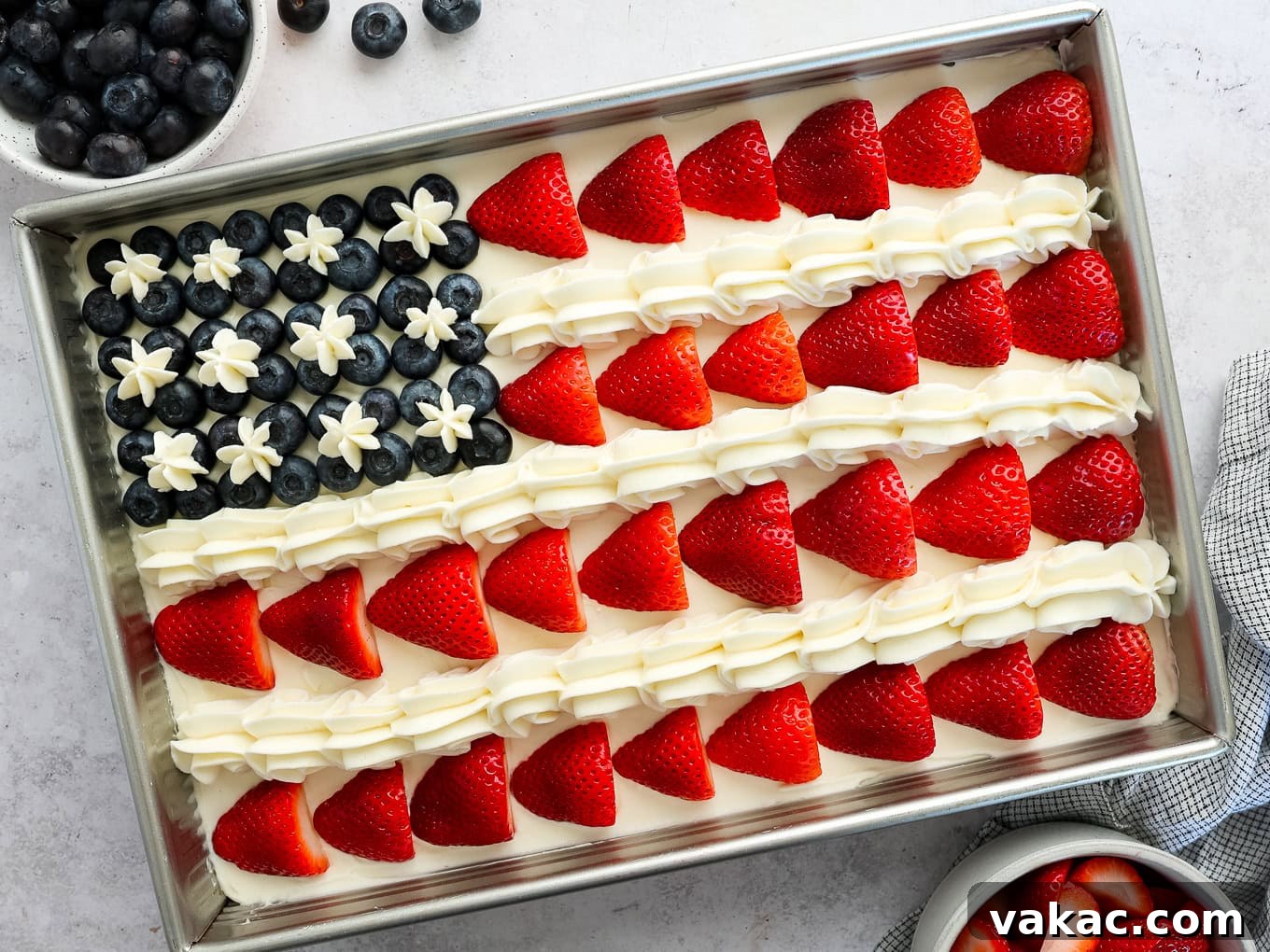 Patriotic Celebration Cake 2 An American flag cake decorated with strawberries and blueberries.