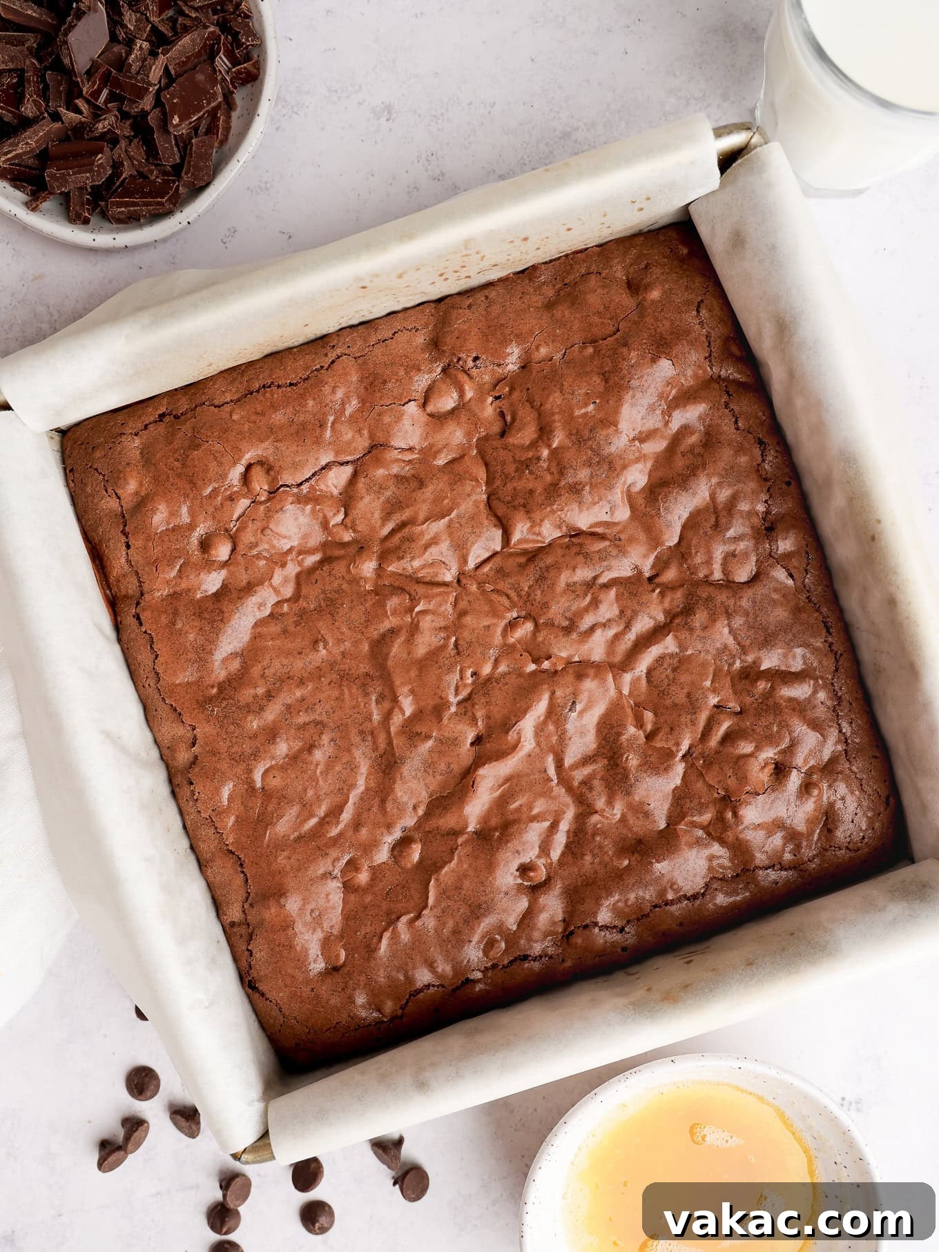 Caramelized Butter Brownie Bliss 8 An overhead view of a pan of warm, freshly baked brown butter brownies.
