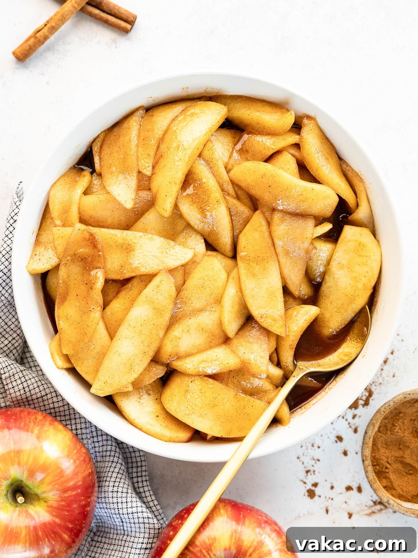 Sweet Skillet Apples 9 An overhead view of a bowl of fried apples.