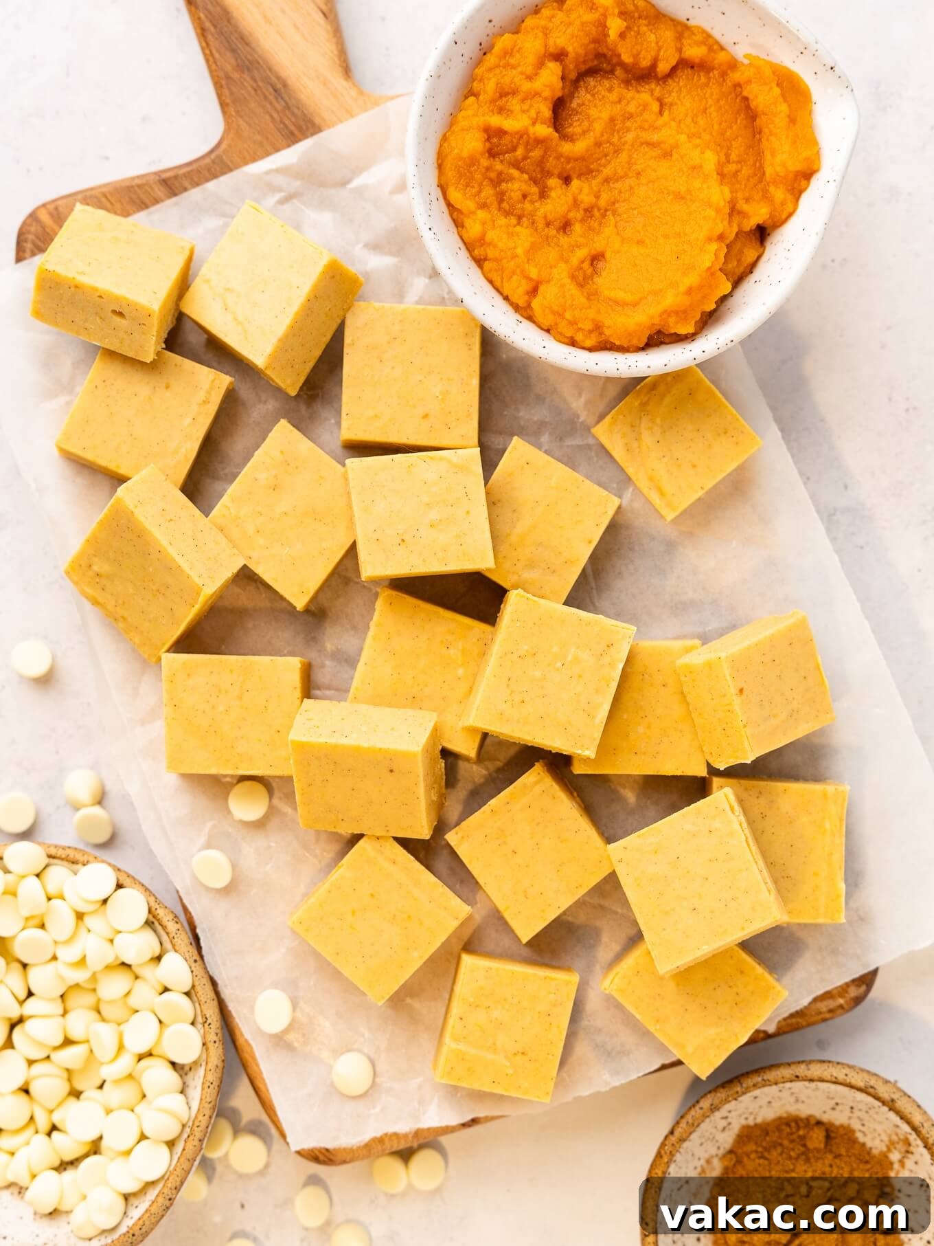 Spiced Pumpkin Fudge 2 An overhead view of pumpkin fudge, puree, and white chocolate chips.