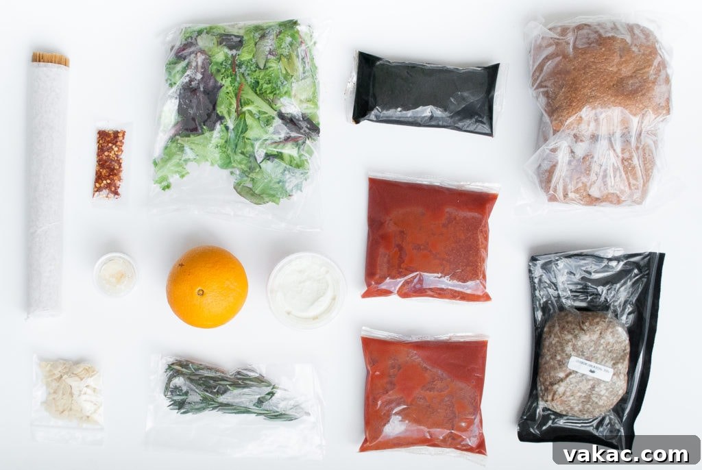 Goodbye Grocery Runs and Prep Work Fresh Prep Reviewed 5 Fresh Prep ingredients neatly laid out on a kitchen counter, showcasing individual portions and labels.