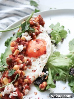 Healthy Huevos Rancheros served on a bed of fresh greens