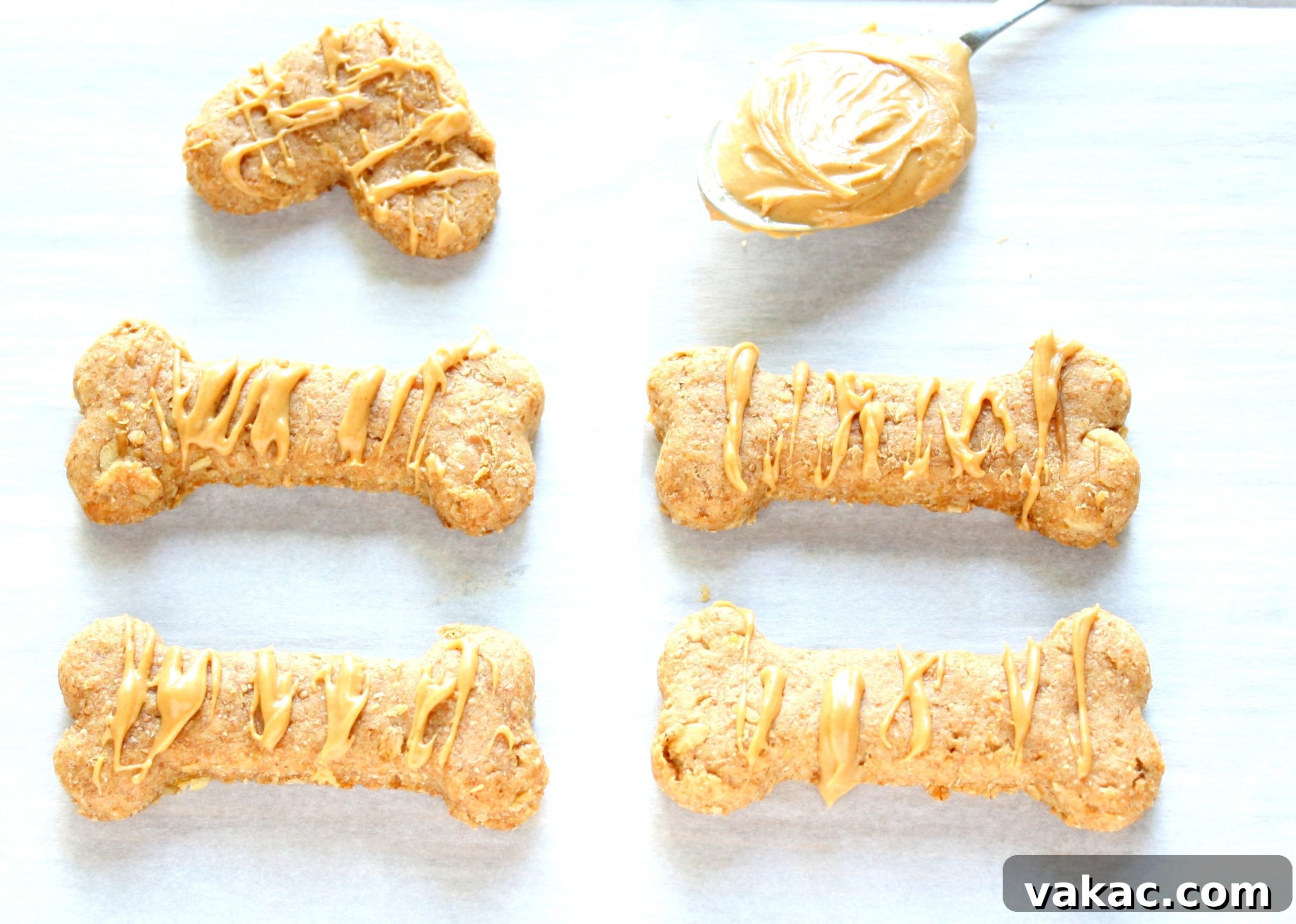 Overhead view of peanut butter oatmeal dog treats. A spoonful of peanut butter rests at the top of the frame.