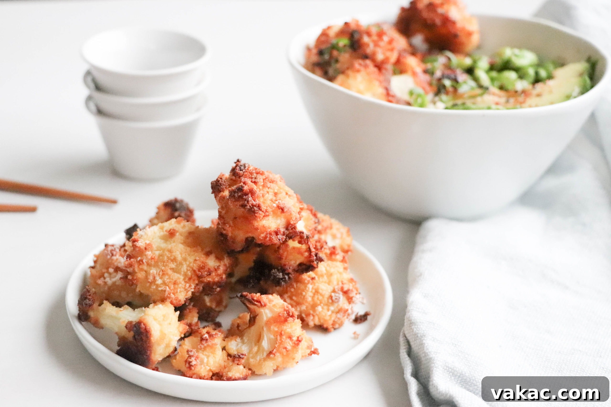 Close-up shot of crispy baked cauliflower florets arranged neatly on a pristine white plate, set against a white surface. A white kitchen towel and a stack of small white bowls are visible in the background, hinting at a fresh and clean culinary experience.