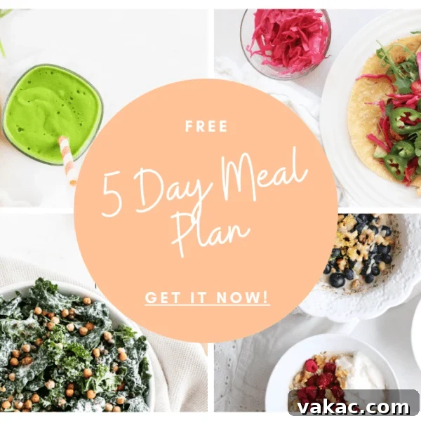 Quick Prenatal Vitality Smoothie 5 A visually appealing layout of four food images with text overlay, promoting a free 5-day meal plan. Each image showcases a healthy and delicious meal, inviting users to discover more nourishing recipes.