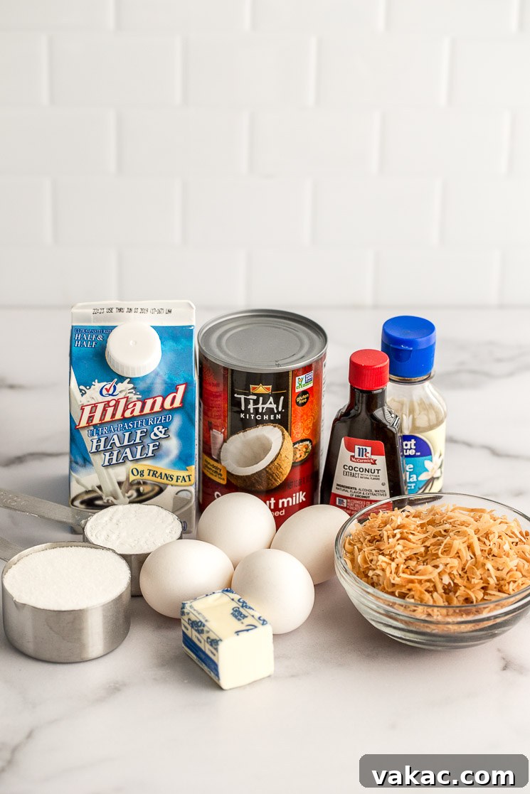 The ingredients needed for a homemade coconut cream pie.