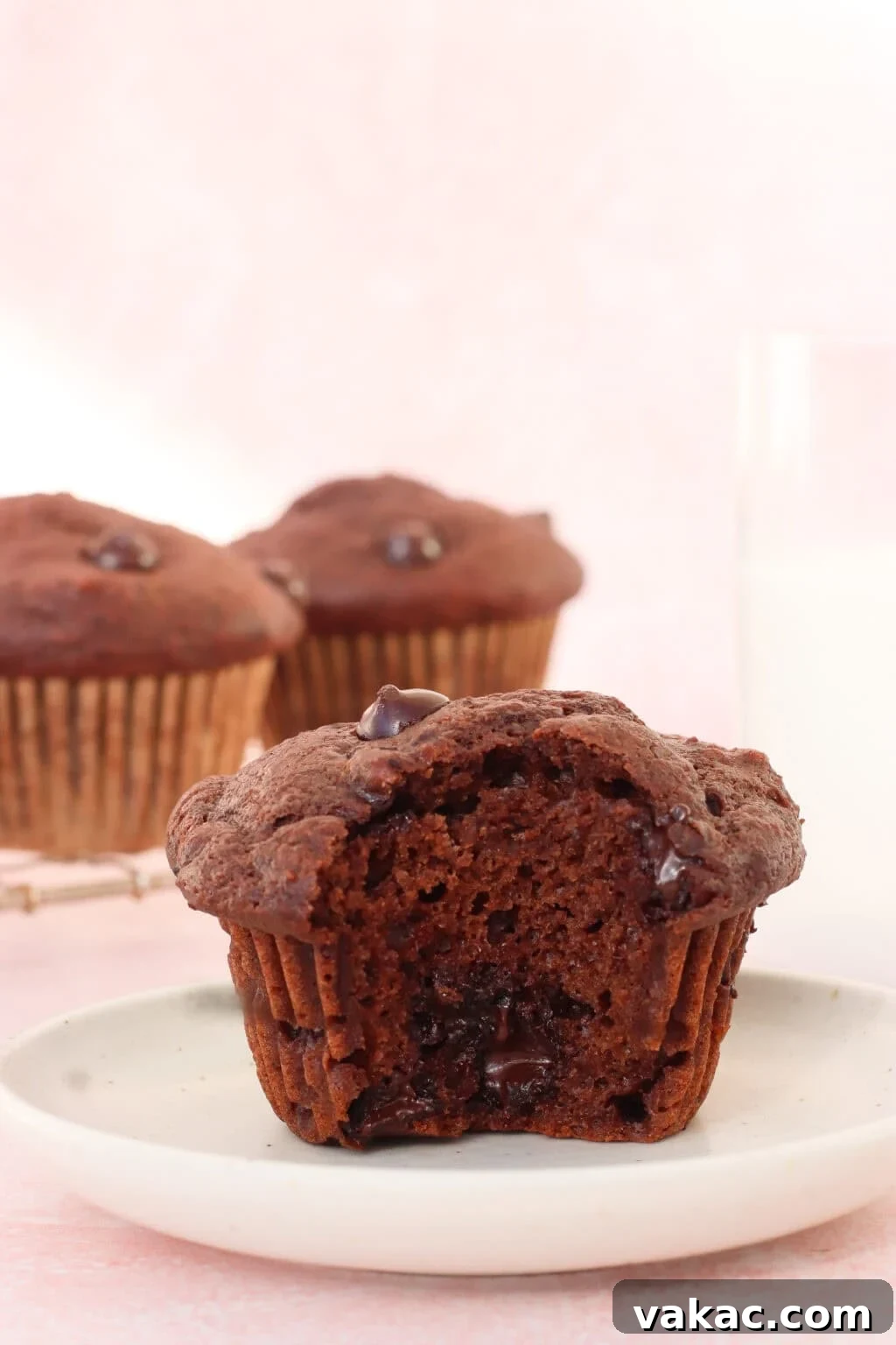 Velvety Moist Double Chocolate Muffins Naturally Packed with Protein 2 A chocolate muffin with a bite taken out sits on a white plate, revealing a moist, chocolatey inside. Two whole muffins and a glass of milk are in the background on a light pink surface.