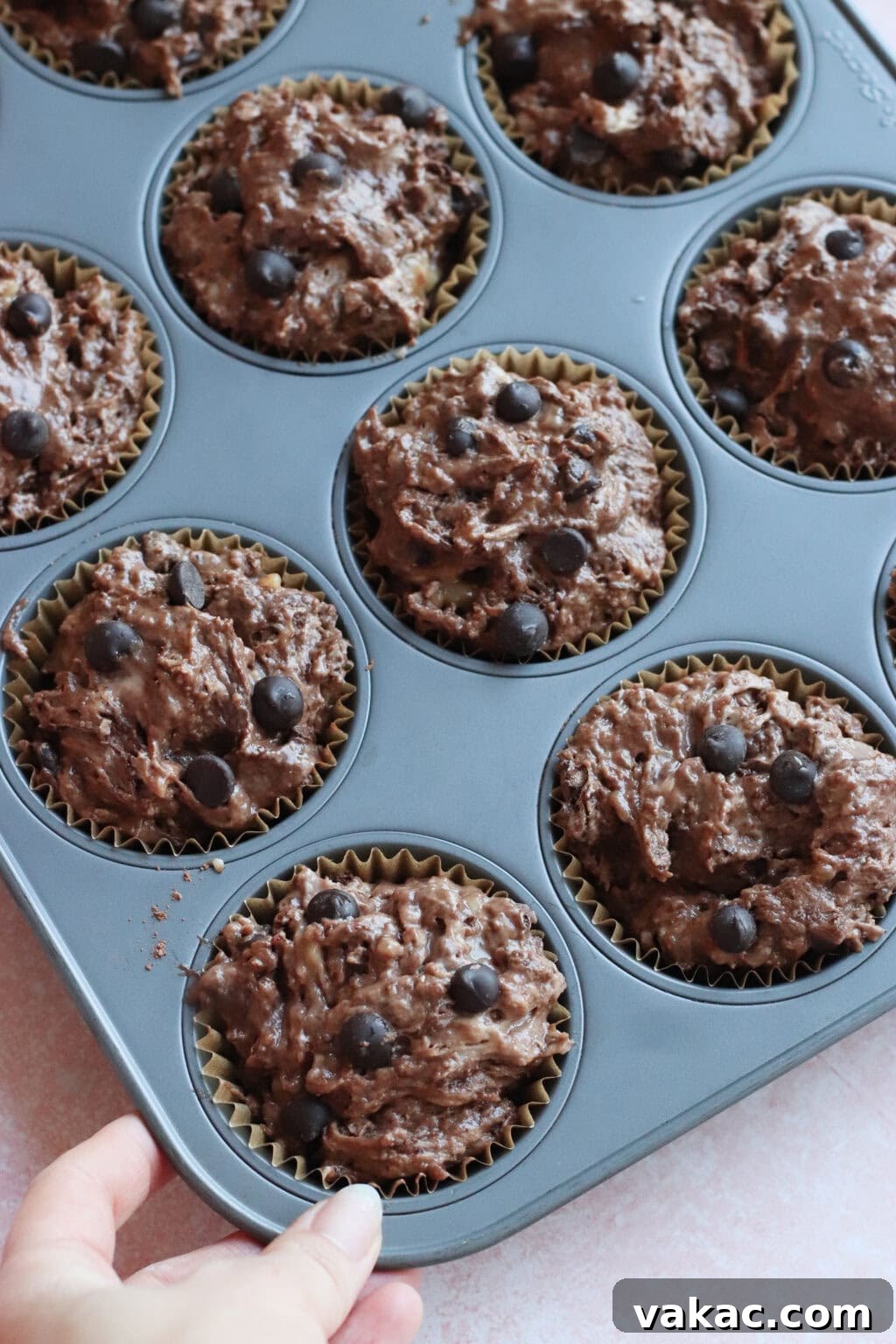 Velvety Moist Double Chocolate Muffins Naturally Packed with Protein 6 A hand holds a muffin tray filled with unbaked chocolate muffin batter, each portion topped with chocolate chips, ready to go into the oven.