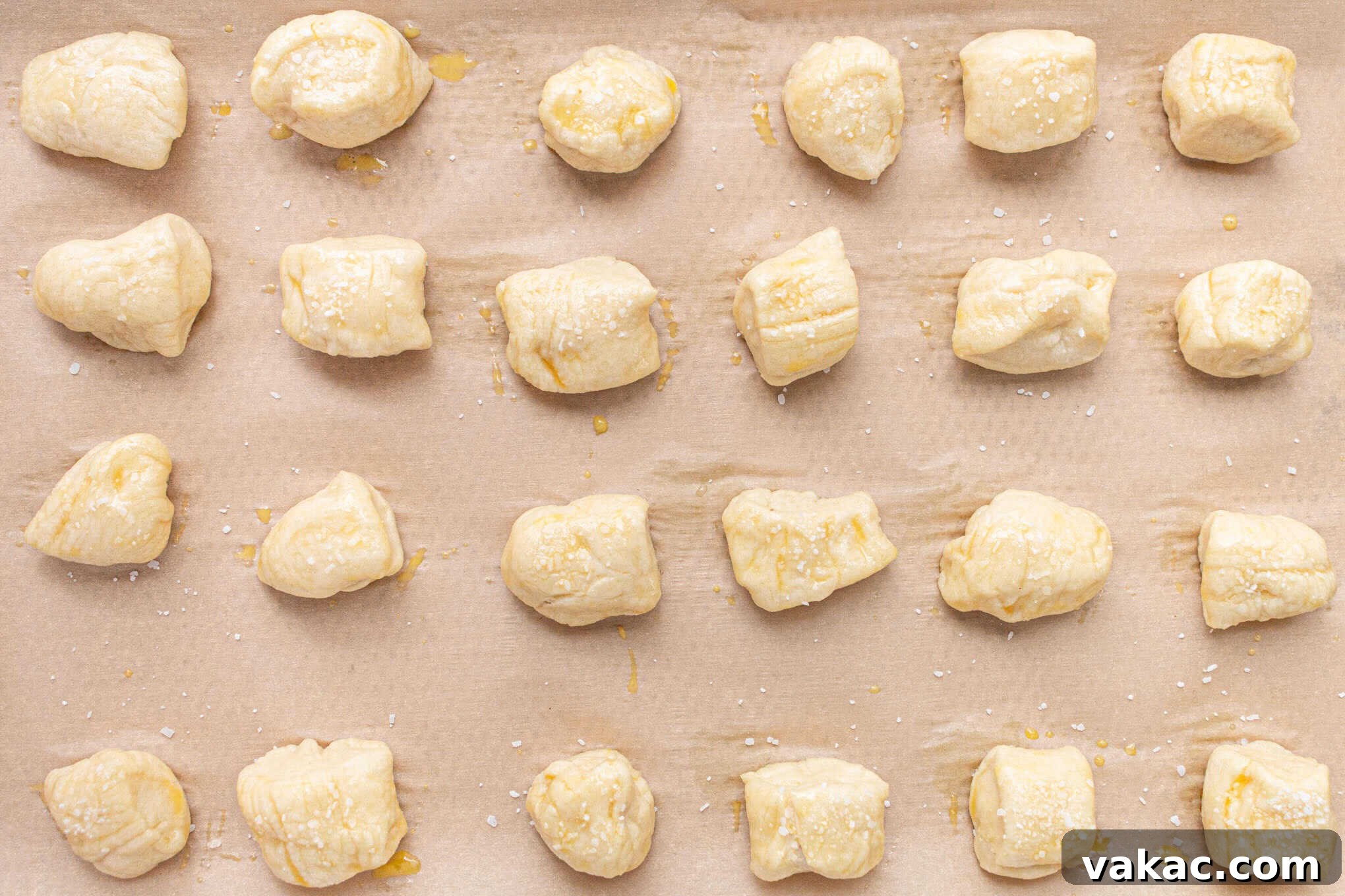 Pillowy Pretzel Gems 7 Rows of freshly cut pretzel dough balls neatly arranged on a parchment-lined baking sheet, awaiting their baking soda bath.