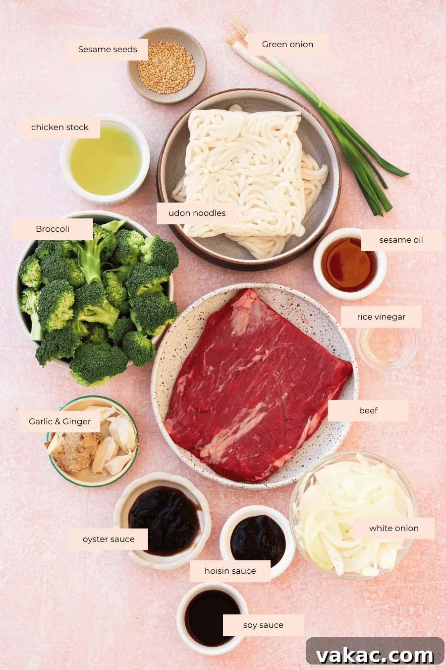 A flat lay of labeled ingredients for beef udon: sesame seeds, green onion, chicken stock, udon noodles, sesame oil, rice vinegar, broccoli, garlic & ginger, beef, white onion, oyster sauce, hoisin sauce, and soy sauce on a pink surface.