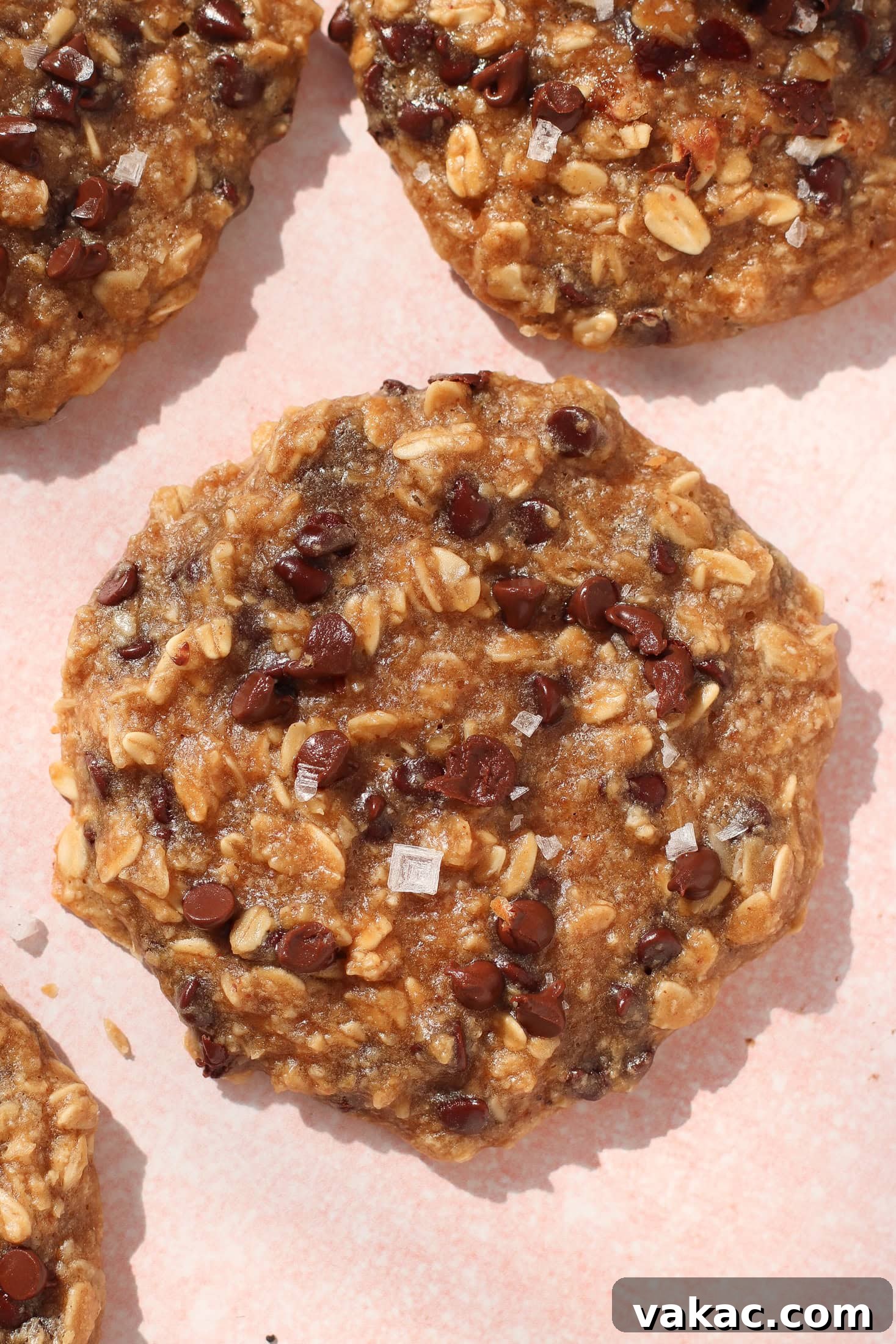 A close-up of a chewy chocolate chip peanut butter banana oatmeal cookie topped with sea salt flakes, resting on a light pink surface. The cookie is packed with oats, small chocolate chips, and hints of sweet banana flavor.