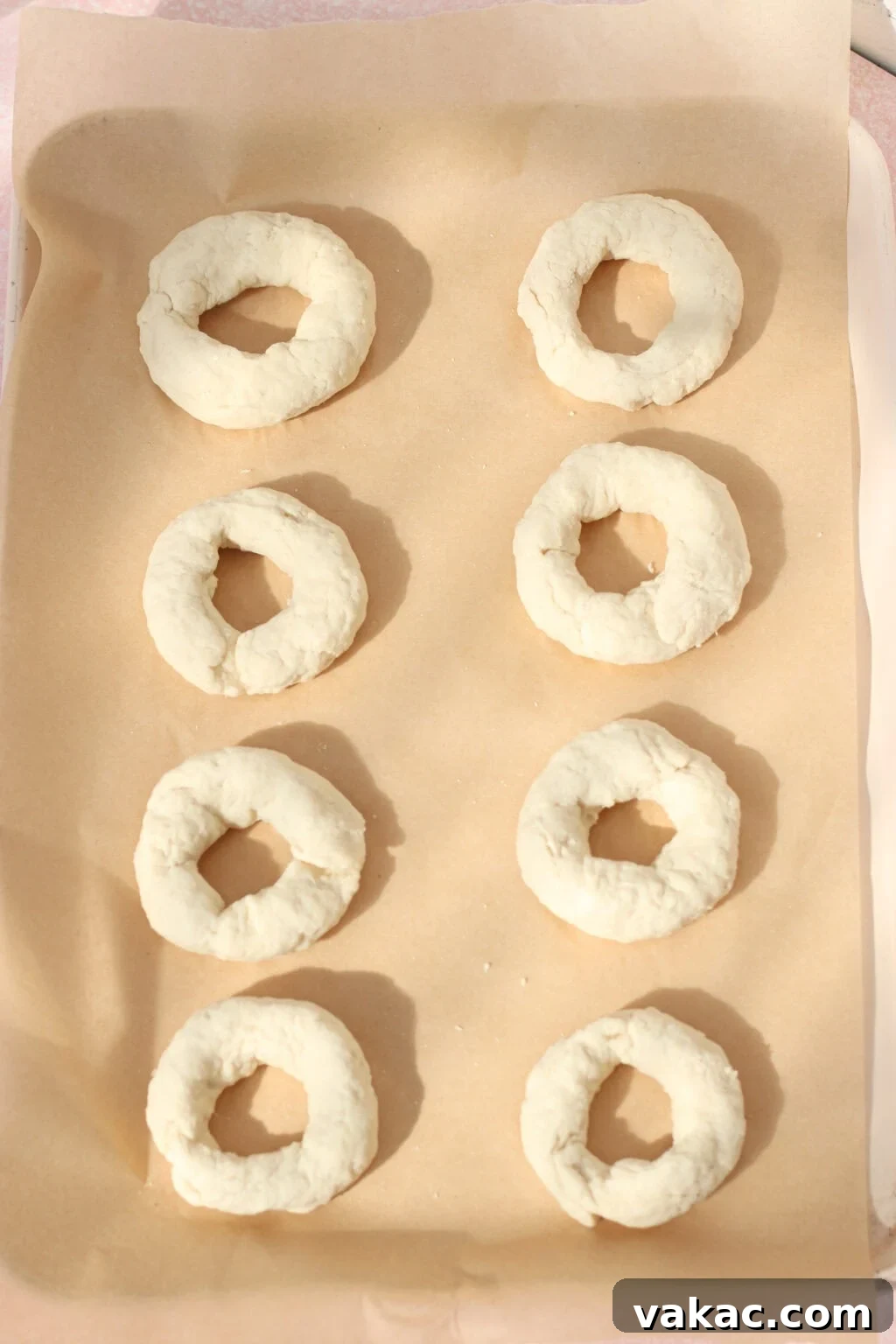 High-Protein Cottage Cheese Bagels Recipe for Homemade Bagels 8 Eight unbaked bagels made of dough are arranged in two rows on a baking sheet lined with parchment paper. The dough rings are spaced evenly apart and have a rustic, homemade appearance.