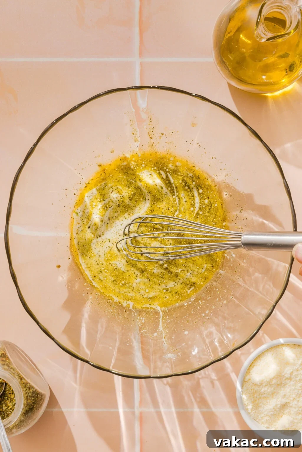A hand uses a metal whisk to mix oil and seasonings in a glass bowl on a light tiled surface, with jars of spices, grated cheese, and a bottle of oil nearby.