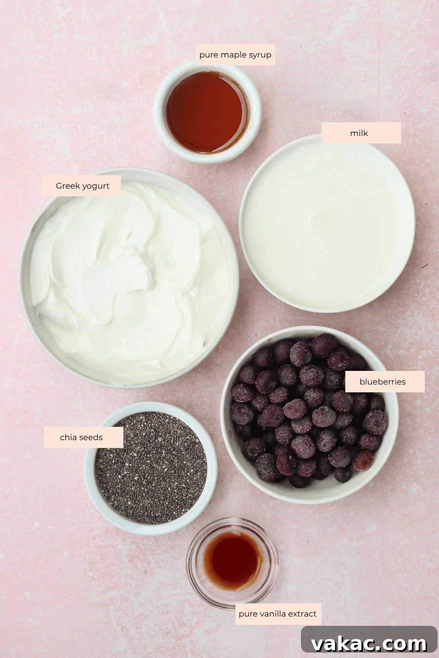 High-Protein Blueberry Chia Pudding (Blended for Creaminess) 3 Five bowls on a pink surface contain labeled ingredients: pure maple syrup, milk, Greek yogurt, blueberries, chia seeds, and pure vanilla extract.