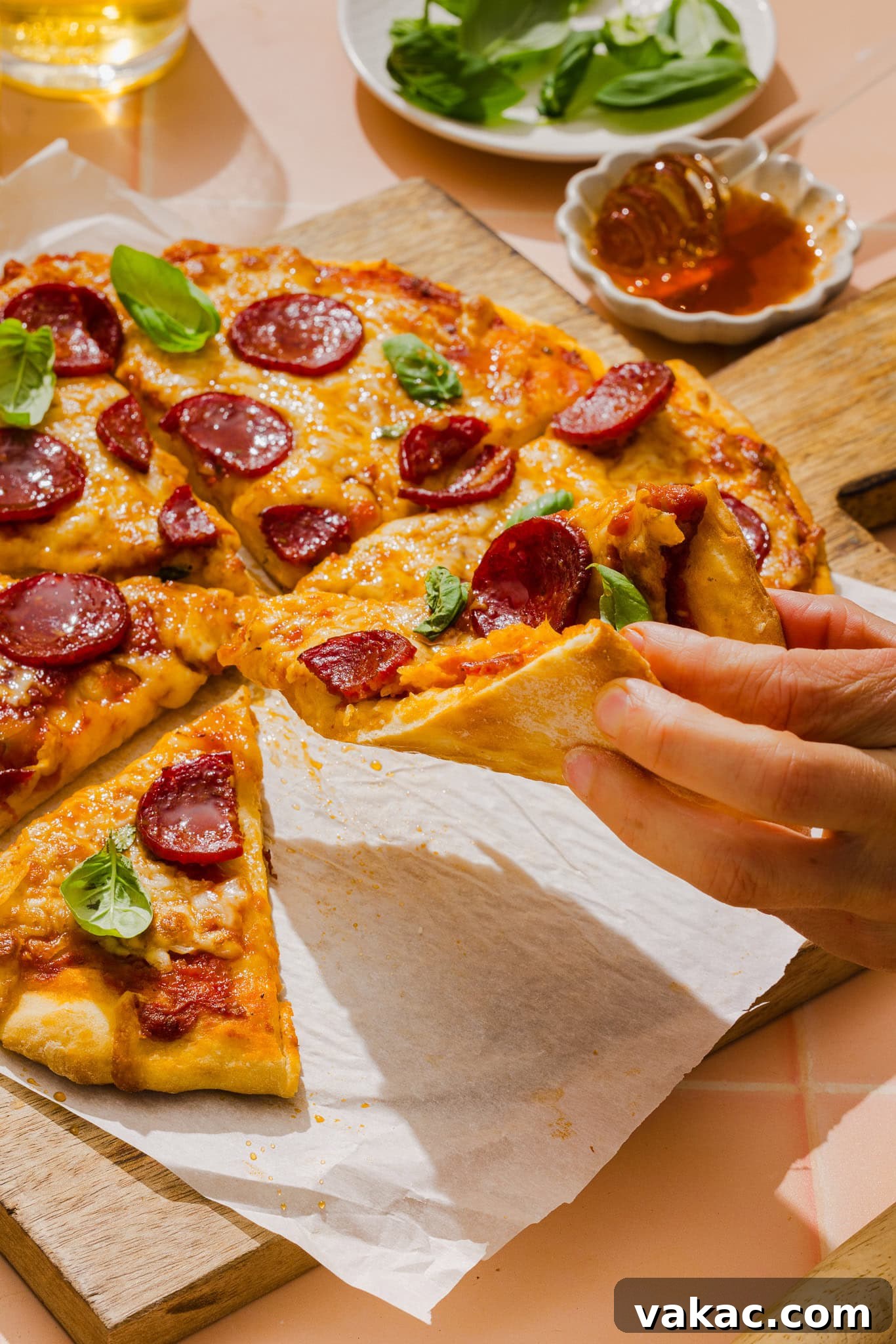 Protein-Packed Greek Yogurt Pizza Dough 3 A hand lifts a slice of pepperoni pizza from a wooden board, with melted cheese and basil leaves on top. A bowl of fresh basil and a dish of honey are in the background.