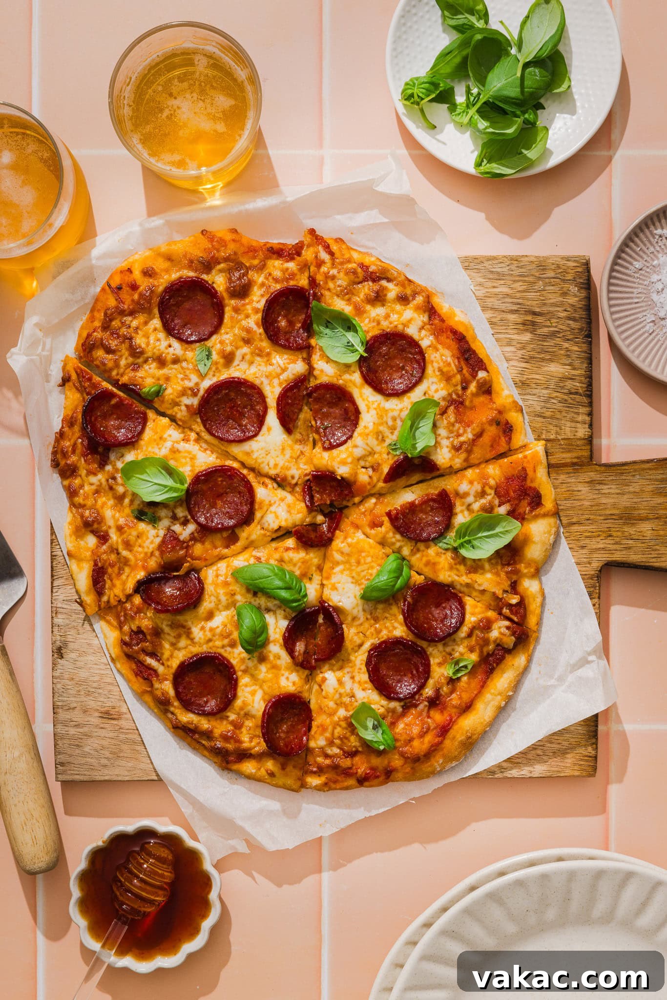 Protein-Packed Greek Yogurt Pizza Dough 5 A pepperoni pizza made with greek yogurt pizza dough and topped with fresh basil sits on a wooden board, surrounded by drinks, fresh basil leaves, a small bowl of honey, and empty plates on a pink tiled surface.