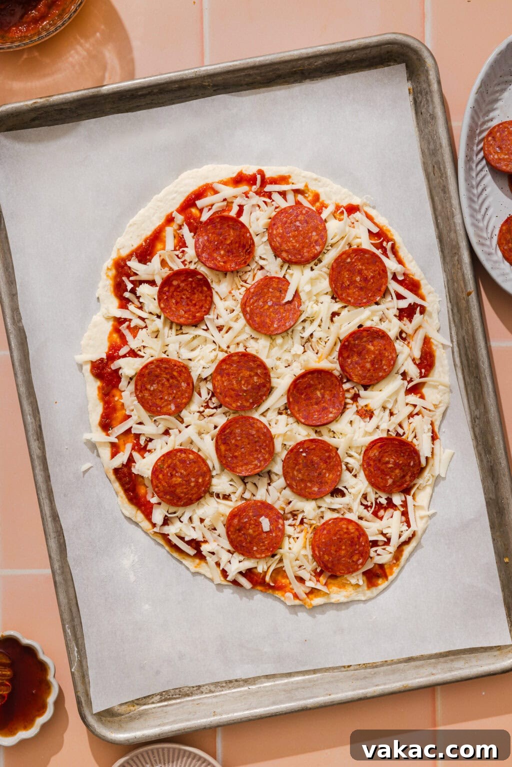 Protein-Packed Greek Yogurt Pizza Dough 9 Uncooked pepperoni pizza with shredded cheese and tomato sauce on a baking sheet lined with parchment paper, surrounded by small bowls of ingredients on a peach-colored tiled surface.